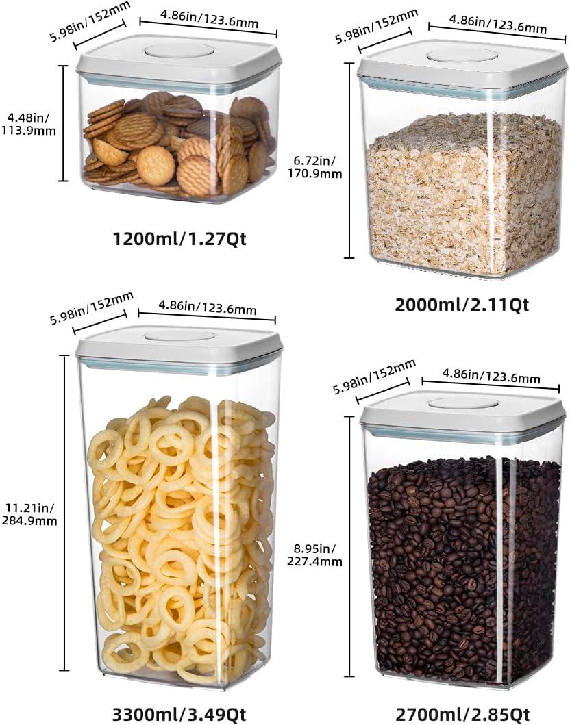 Food Storage Containers, 4 packs Airtight Clear Plastic Kitchen Canisters with One Button Pop Up Lids for Food Storage, Cereal, Candies, Cookies, Coffee, Nuts, Sugar etc.