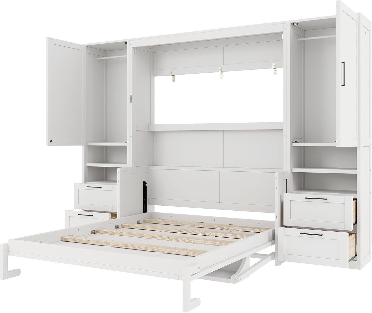 Harper & Bright Designs Queen Size Murphy Bed, Wooden Queen Wall Bed with Closet, Drawers and Shelves, White