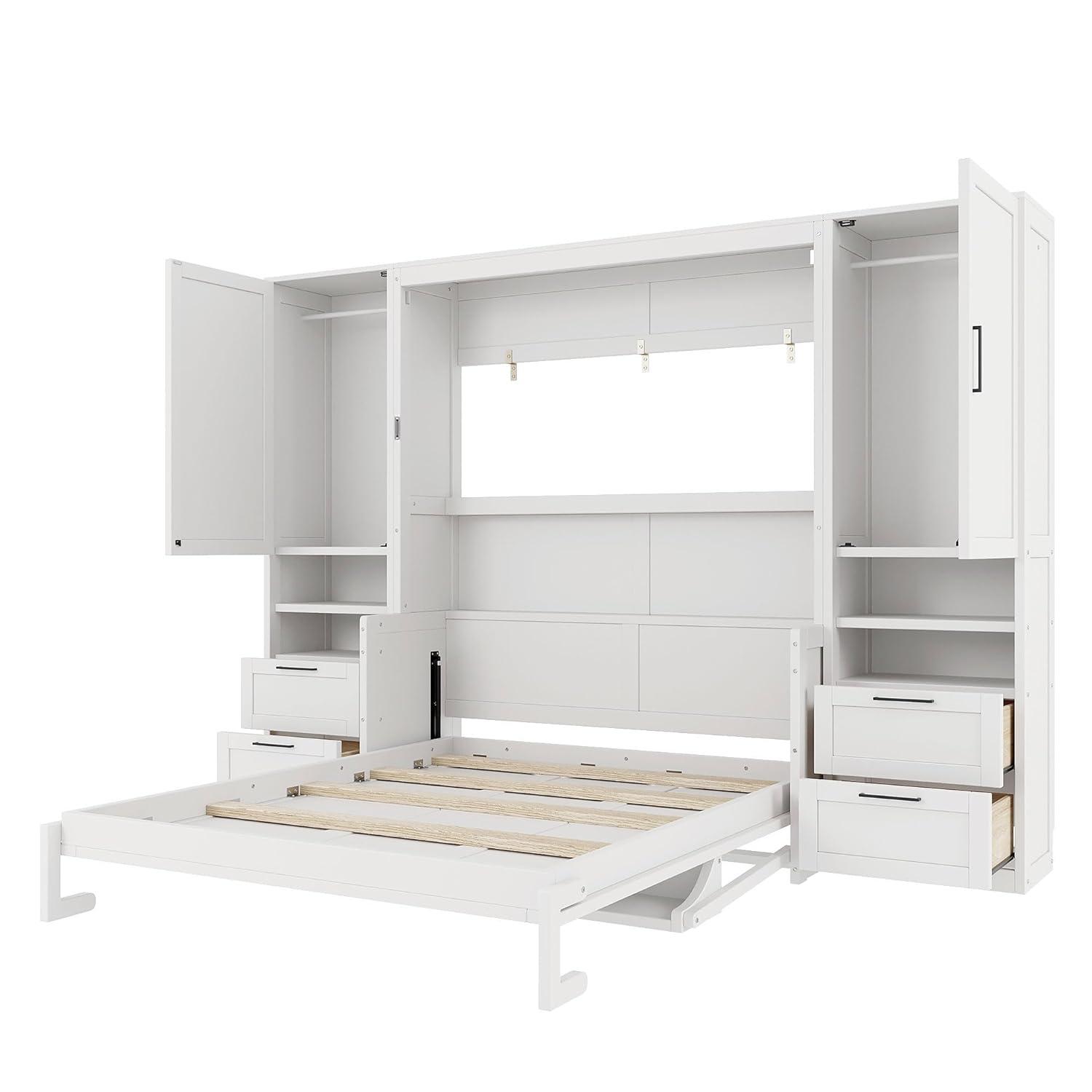 Harper & Bright Designs Queen Size Murphy Bed, Wooden Queen Wall Bed with Closet, Drawers and Shelves, White