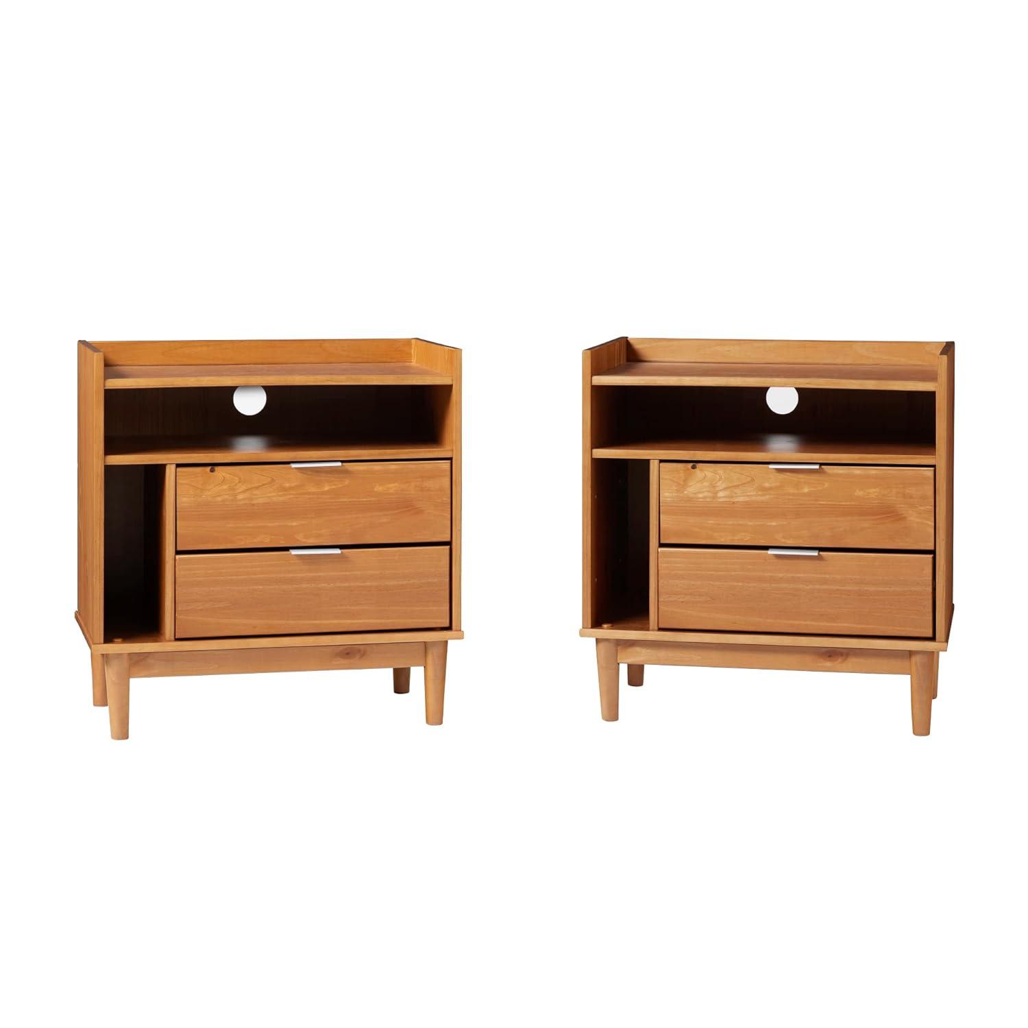 25" Solid Wood 2-Drawer Night Stand with Gallery - 2PK - Caramel