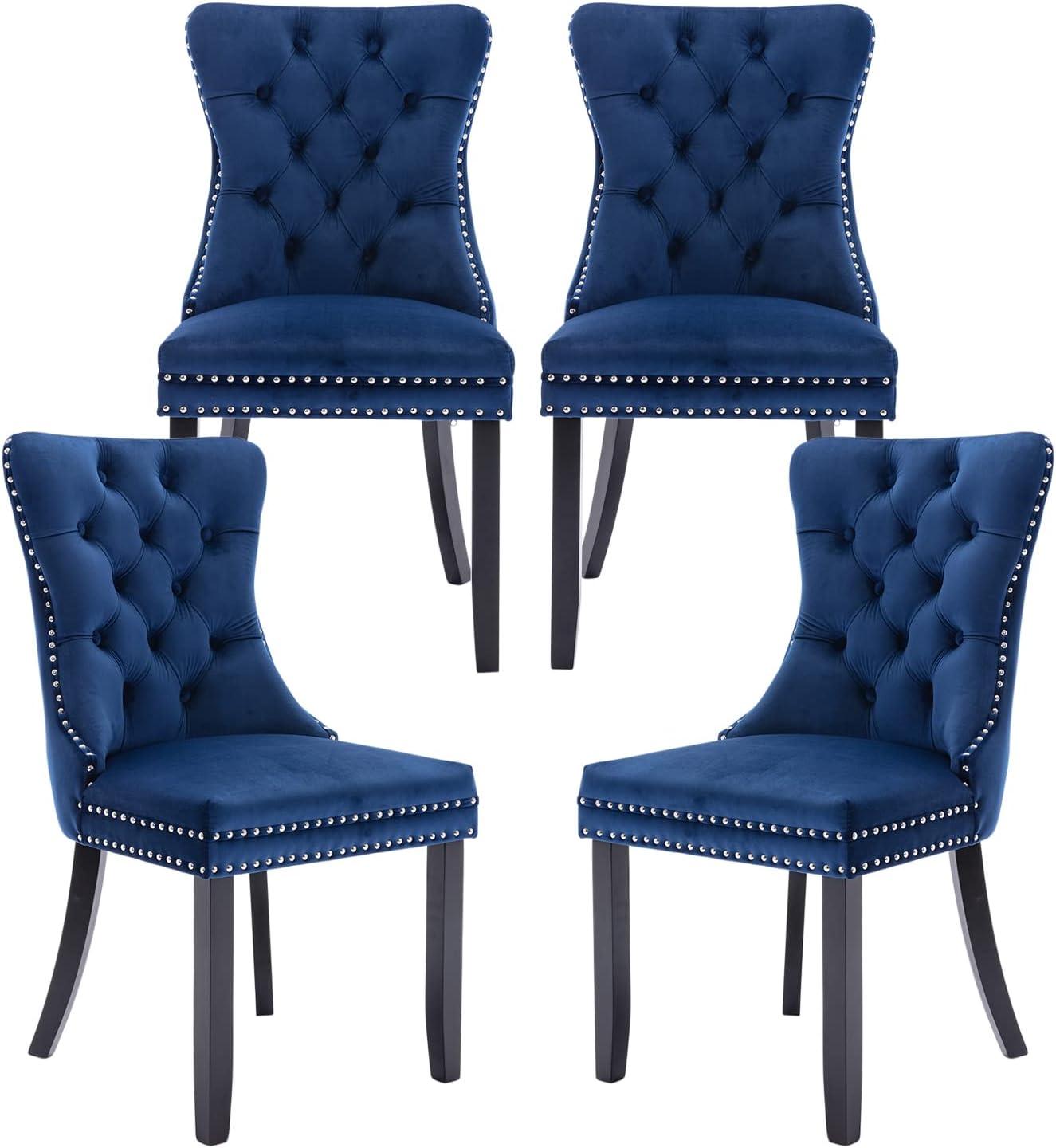 Modern Velvet Upholstered Dining Chairs with Back Button Nailhead Trim Accent Side Chairs with Wood Legs for Kitchen Dining Room(Blue,Set of 4)