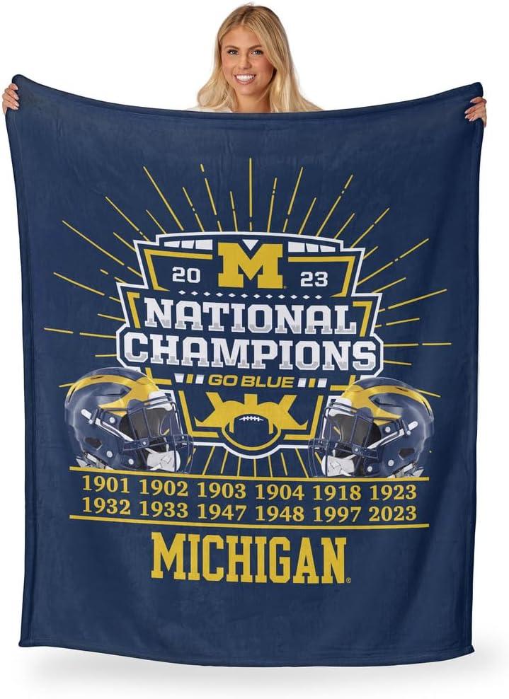 Michigan Wolverines 2023 National Champions Blue Silk Touch Throw Blanket