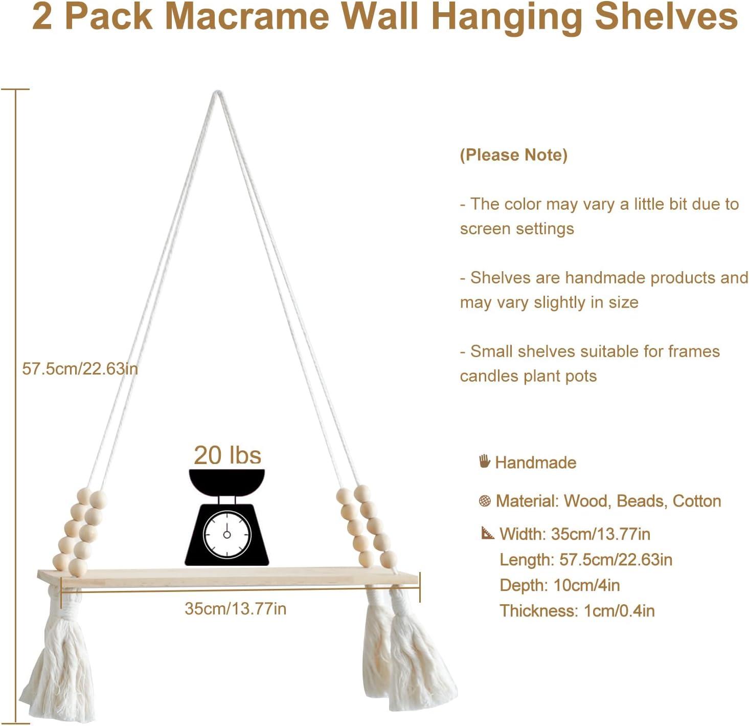 Boho Pine Wood Macrame Hanging Shelves with Tassels, Set of 2