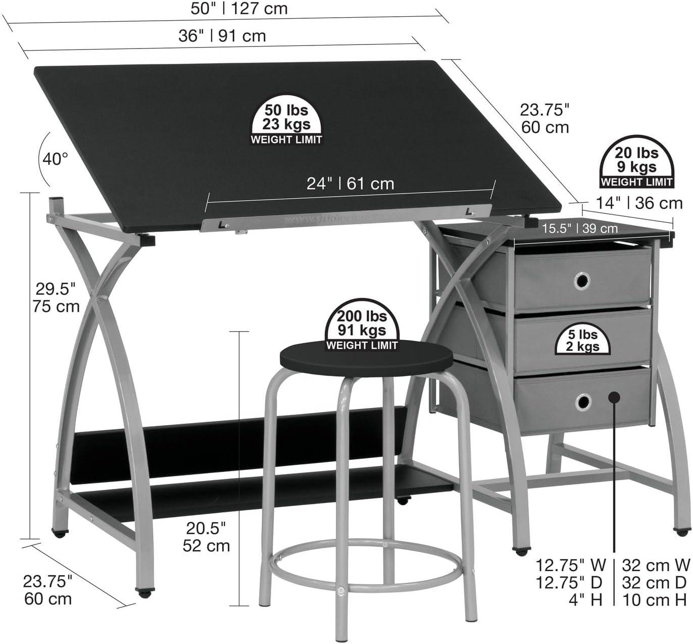 Comet Art & Craft Workstation with Storage and Padded Stool, Silver & Black