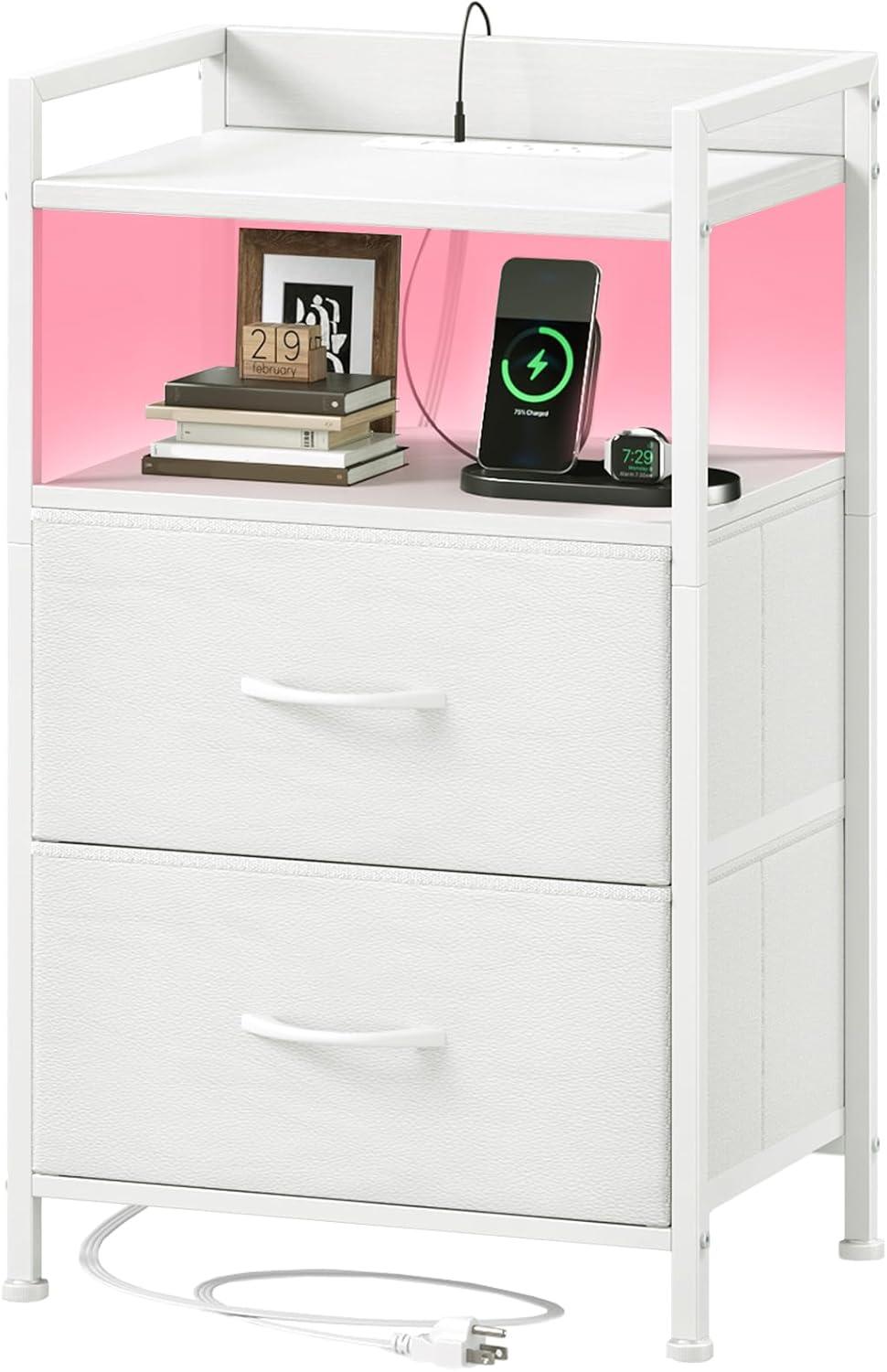 Eunos White Tall Nightstand with Charging Station, 5 Fabric Drawer Dresser for Bedroom with LED and Handle