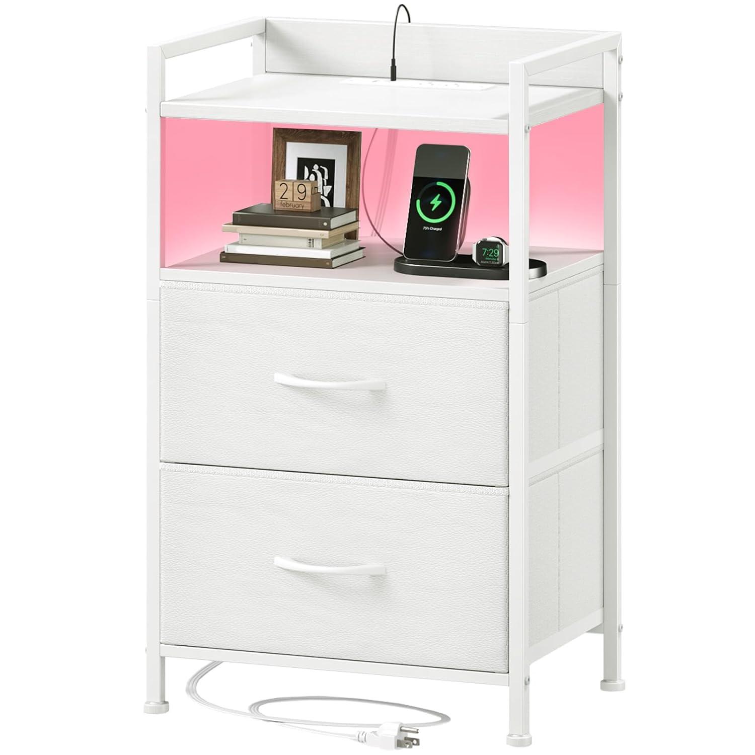 Eunos White Tall Nightstand with Charging Station, 5 Fabric Drawer Dresser for Bedroom with LED and Handle