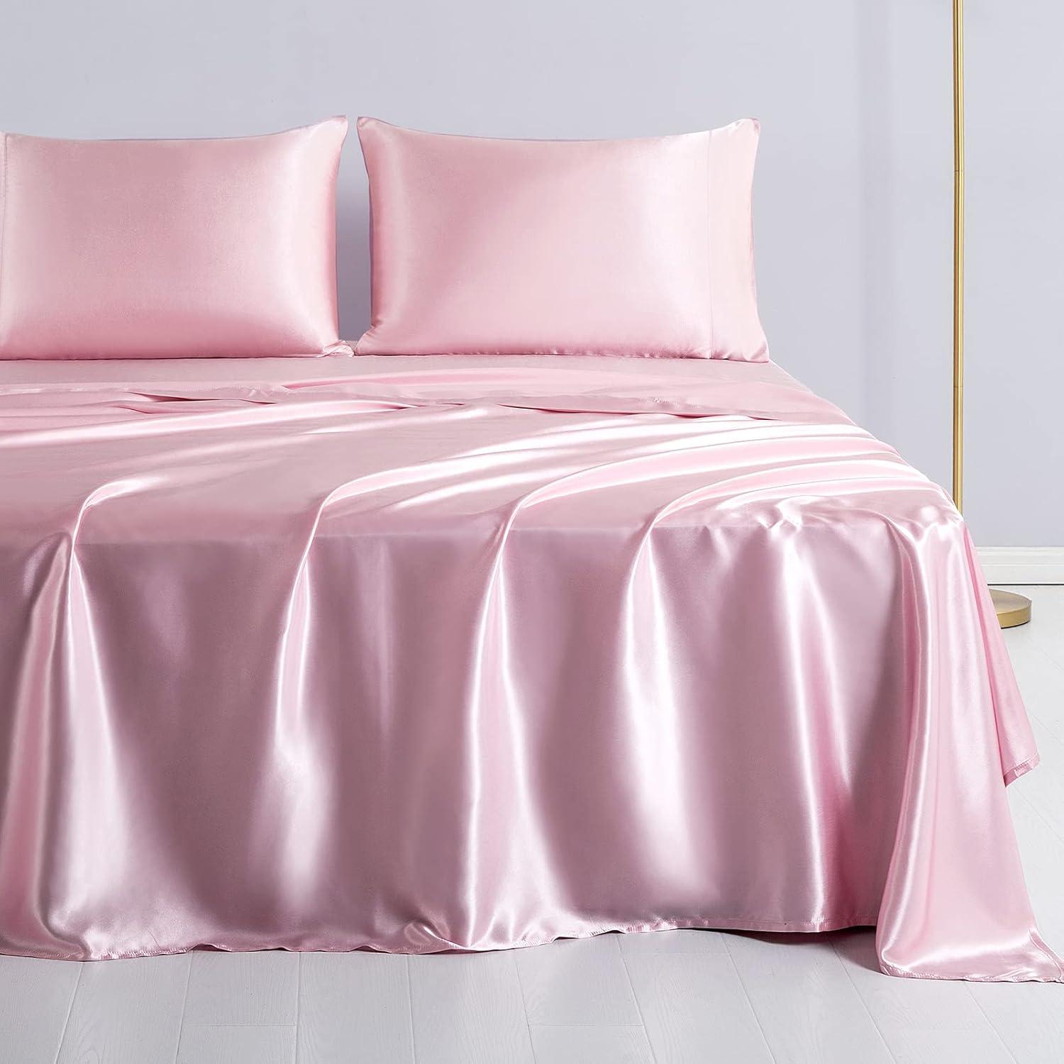 Queen Pink Satin Deep Pocket 4-Piece Sheet Set