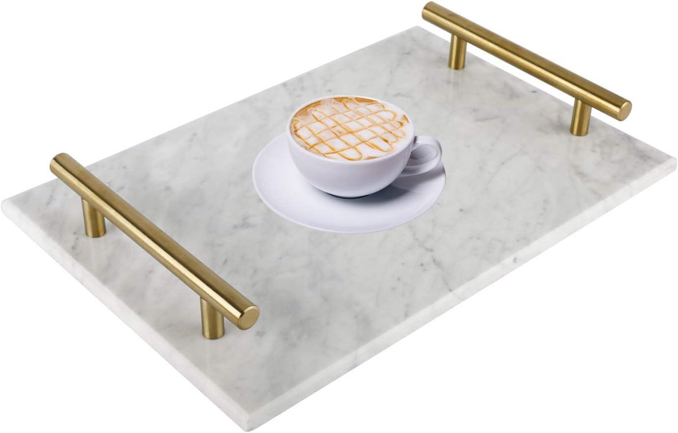 White Marble Rectangular Tray with Gold Metal Handles