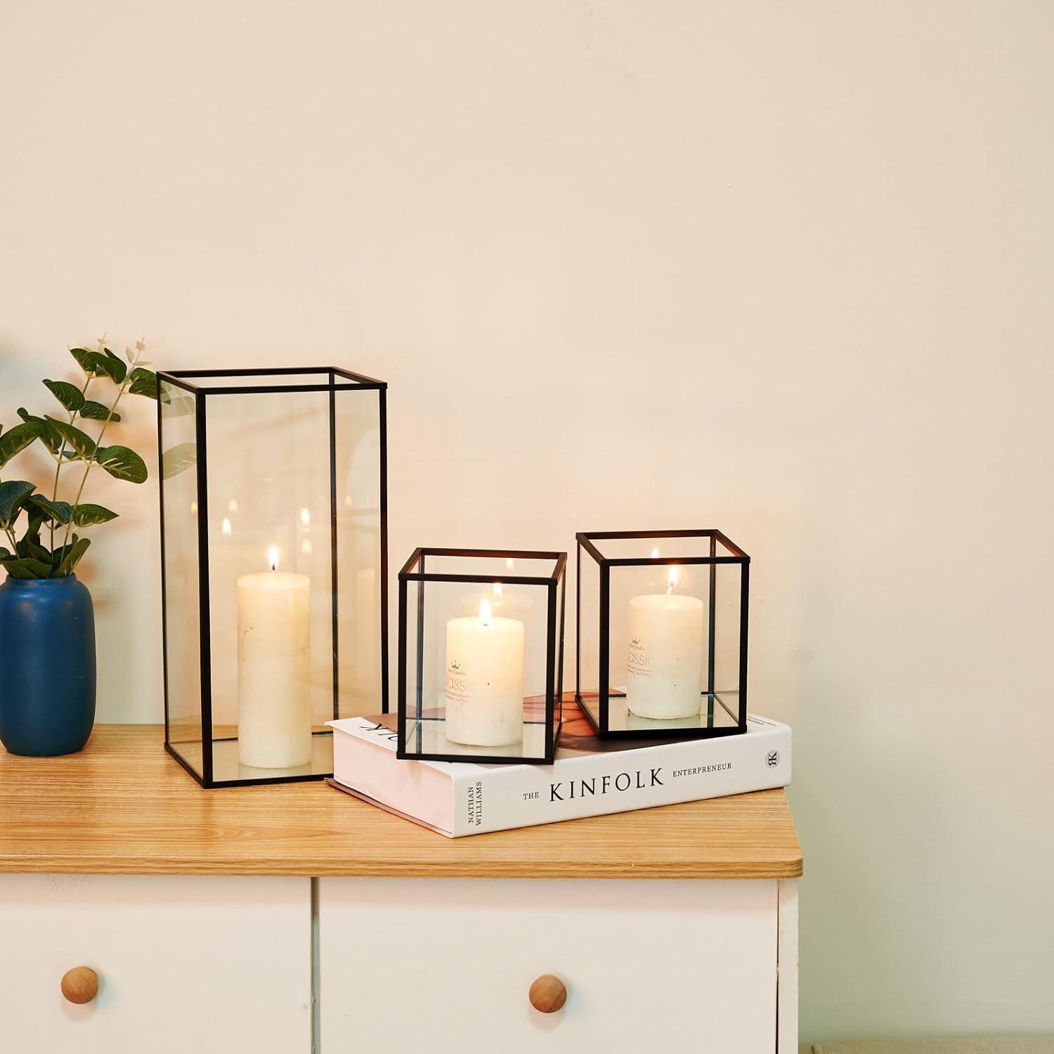 Phosphor Small Hurricane Candle Holder Set of 3 Pieces, Black Glass Candle Holder for Wedding, Party, Holiday.