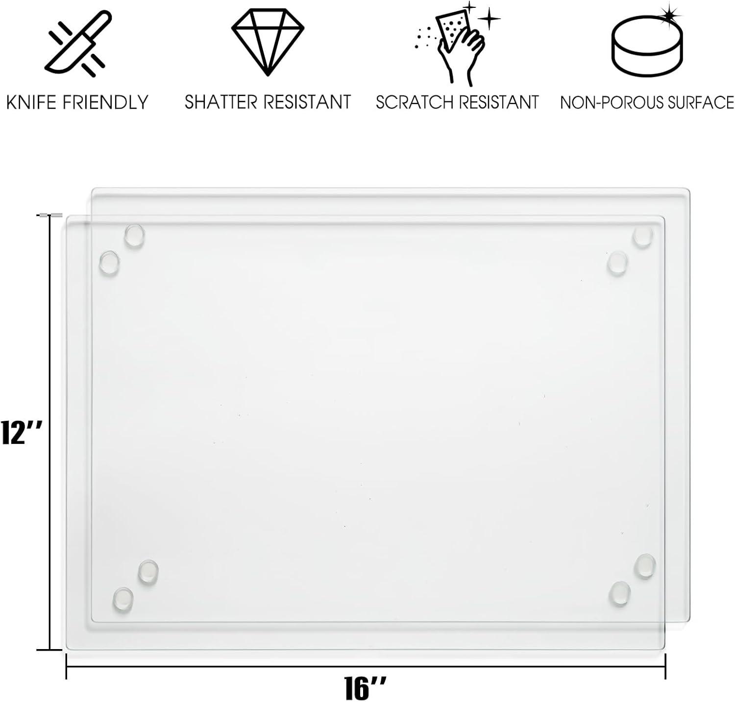 Tempered Glass Cutting Board for Kitchen, Clear Glass Board for Countertop, Heat Resistant, with Non-Slip Feet, 12x16" & 12x8" 2 Pcs Clear