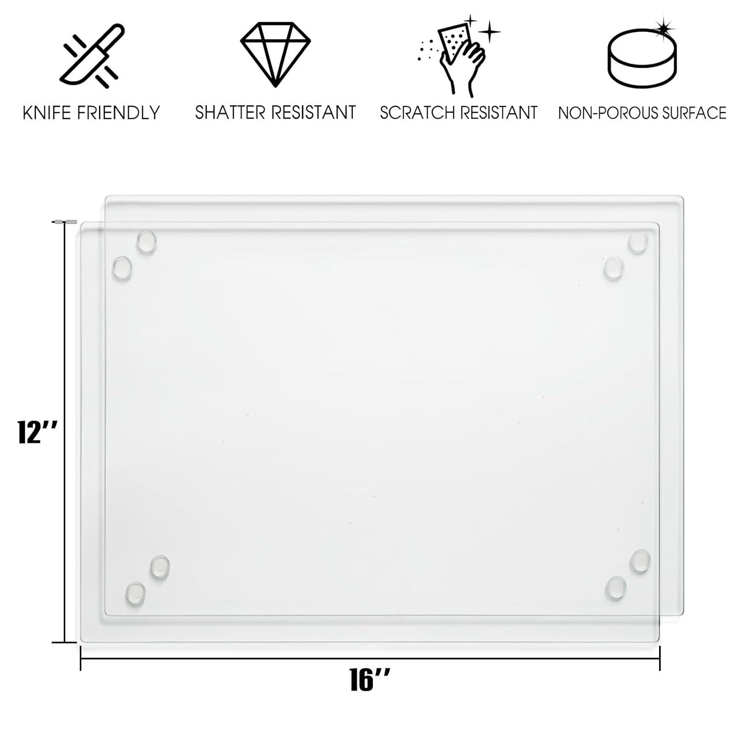 Tempered Glass Cutting Board for Kitchen, Clear Glass Board for Countertop, Heat Resistant, with Non-Slip Feet, 12x16" & 12x8" 2 Pcs Clear