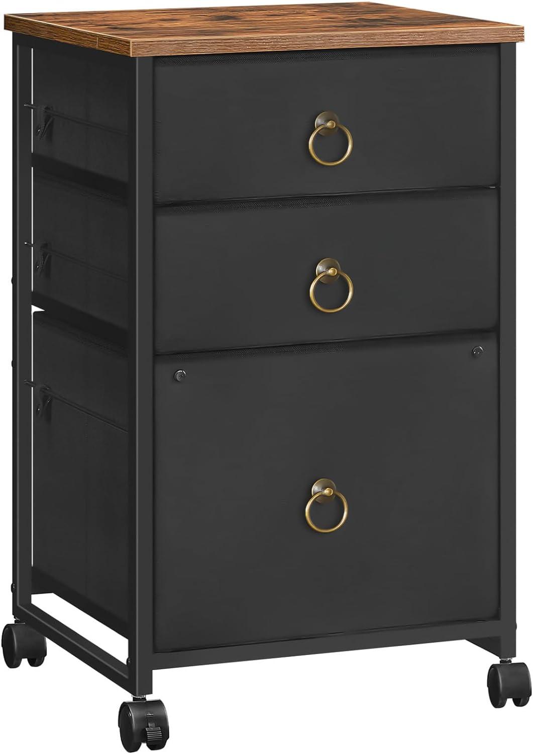 Rustic Brown and Black 3-Drawer Mobile Lockable Filing Cabinet