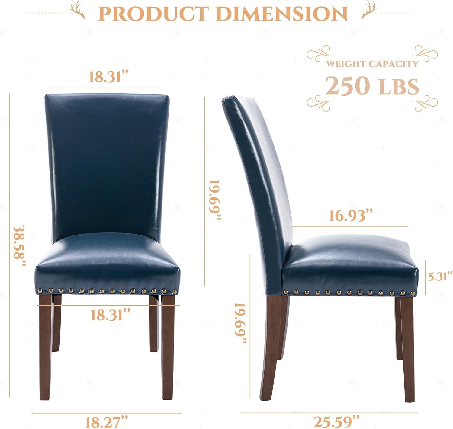 COLAMY Upholstered Dining Chairs Set of 2, PU Leather Dining Room Chairs with Nailhead Trim and Wood Legs - Blue