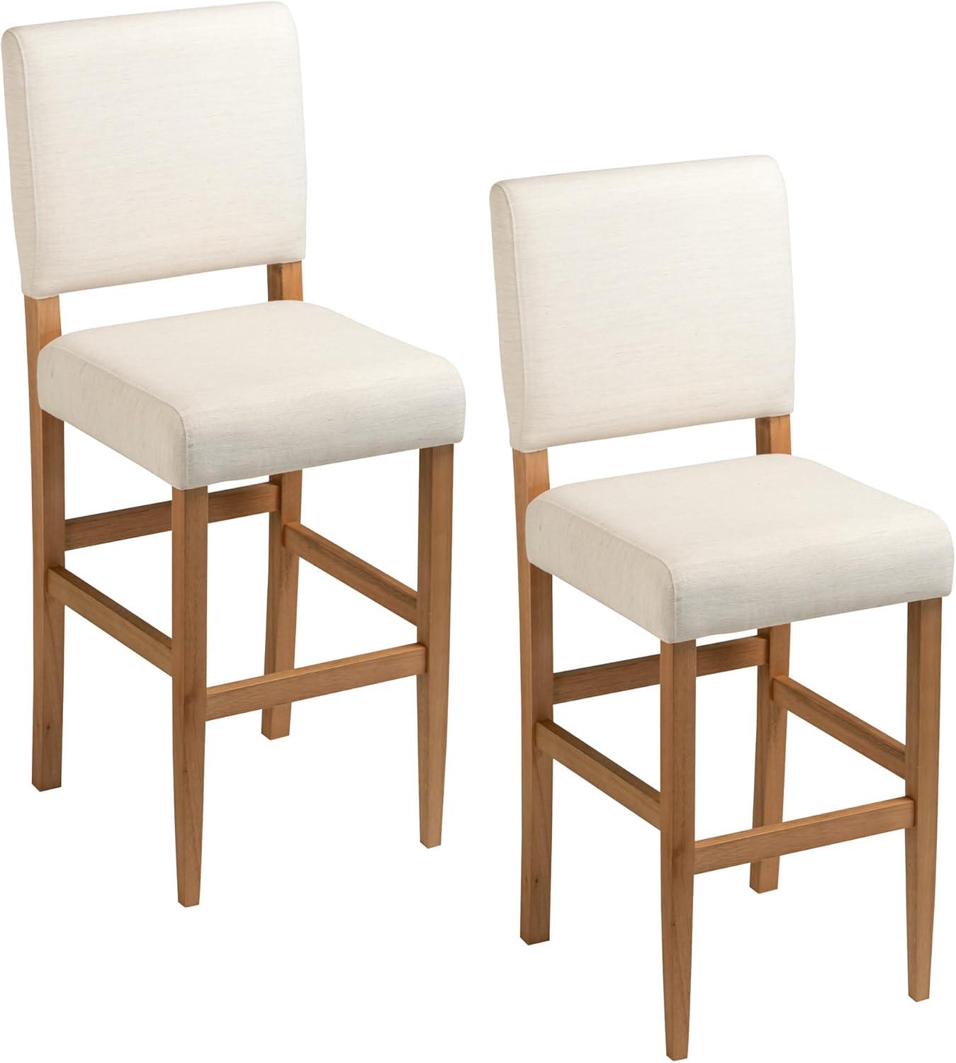 Brax Bar Height Stool with Upholstered Back and Wood Base – Set of 2 for Elevated Kitchen Counters, High Top Tables, and Bars – Modern Chairs in Natural White Sand, Leick Home, 214478