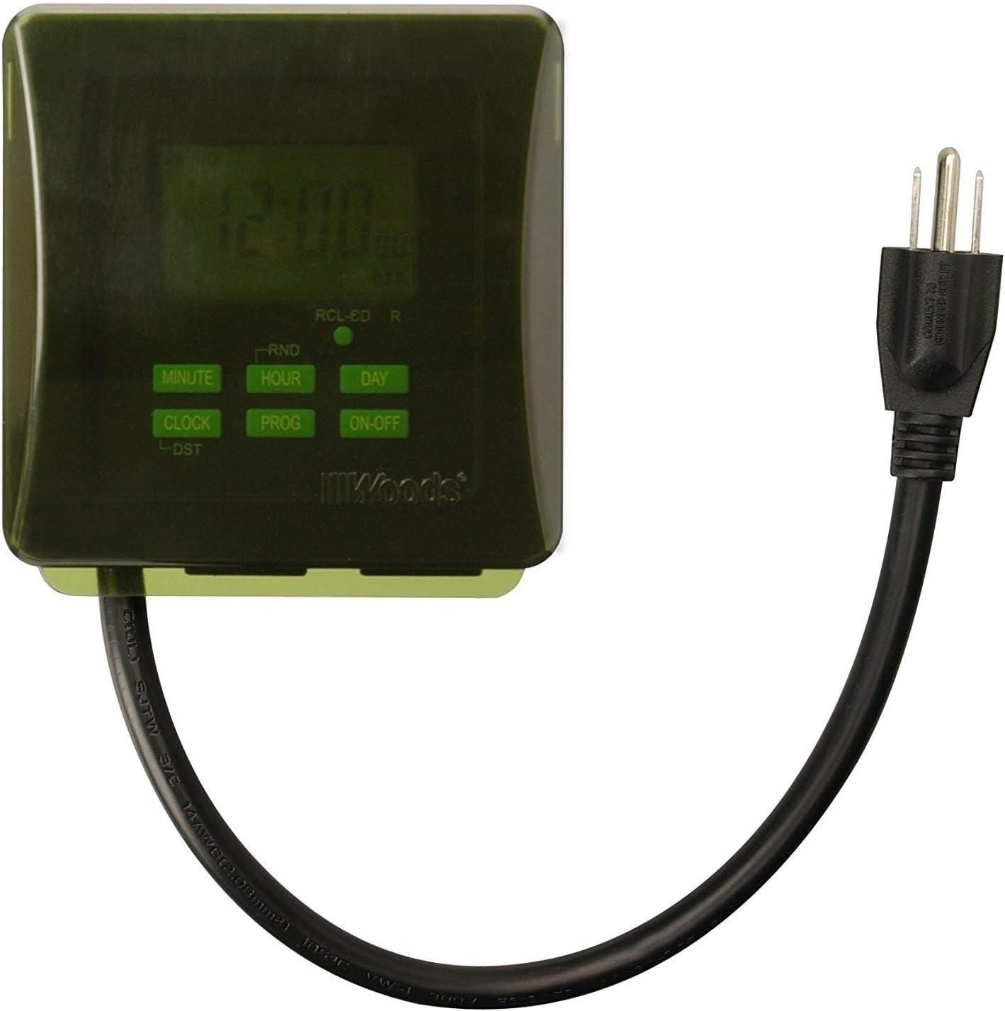Woods 50015WD Outdoor 7-Day Heavy Duty Digital Plug-in Timer, 2 Grounded Outlets, Weatherproof, Perfect for Automating Holiday/Christmas Lights, Energy Saving Precision Programming, Black & Green