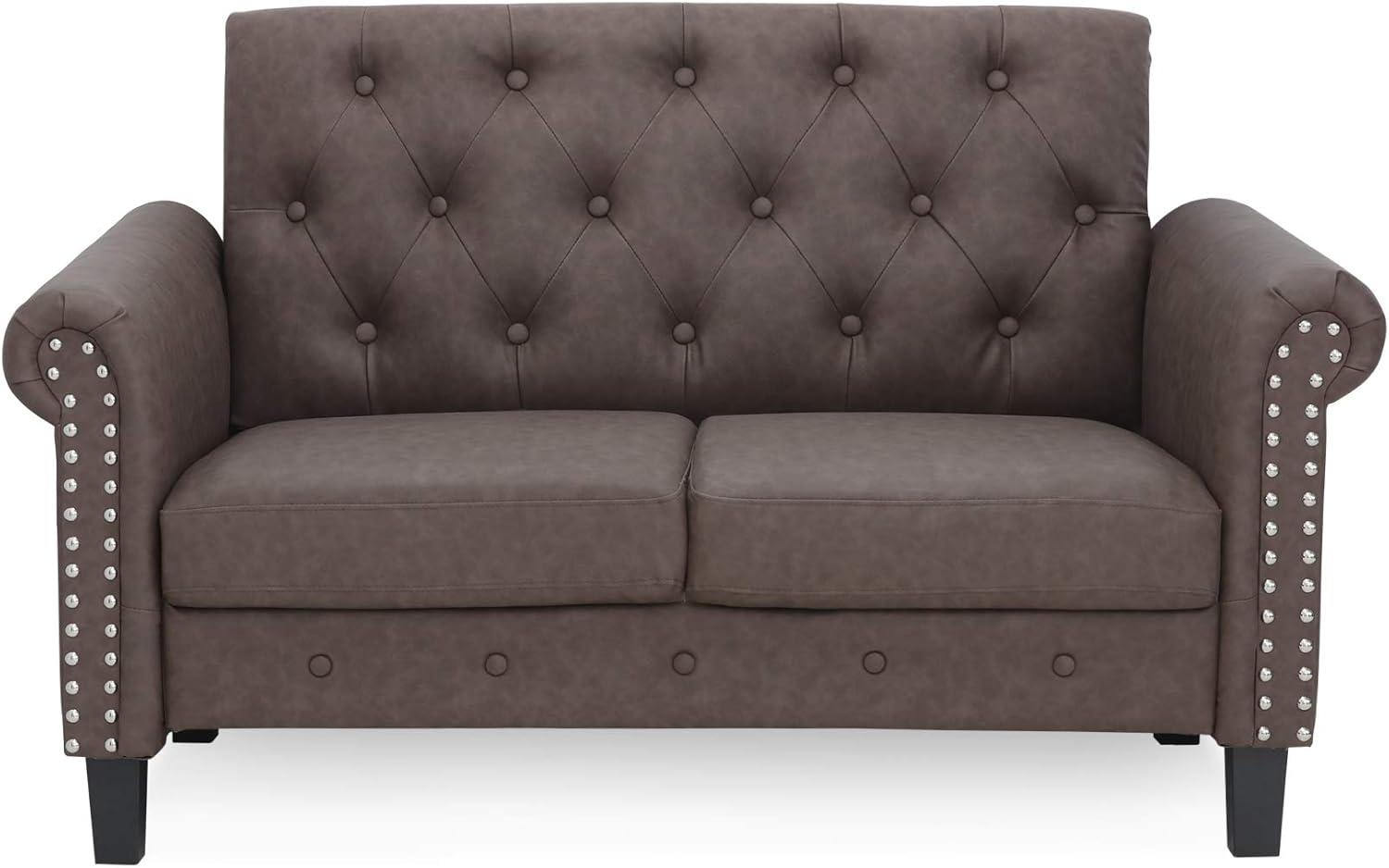 Furinno Bastia Vintage Button Tufted Loveseat, Brown Faux Leather