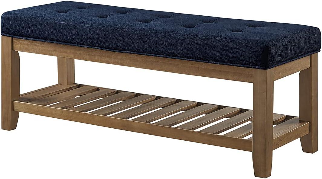 Navy Blue Tufted Linen Upholstered Bench with Wood Shelf