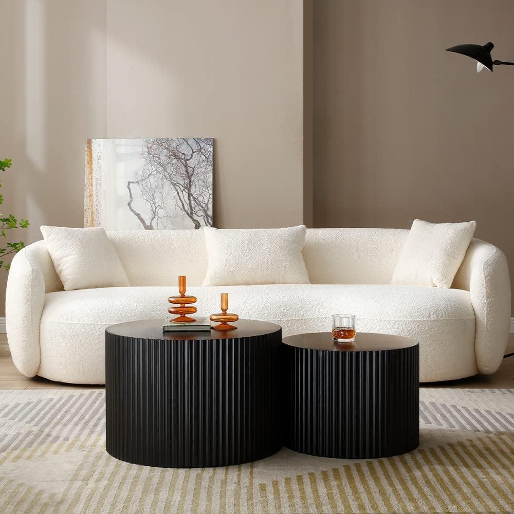 WILLIAMSPACE Nesting Coffee Table Set of 2, Matte Black Round Wooden Coffee Tables, Modern Luxury Side Tables Accent End Table for Living Room Apartment