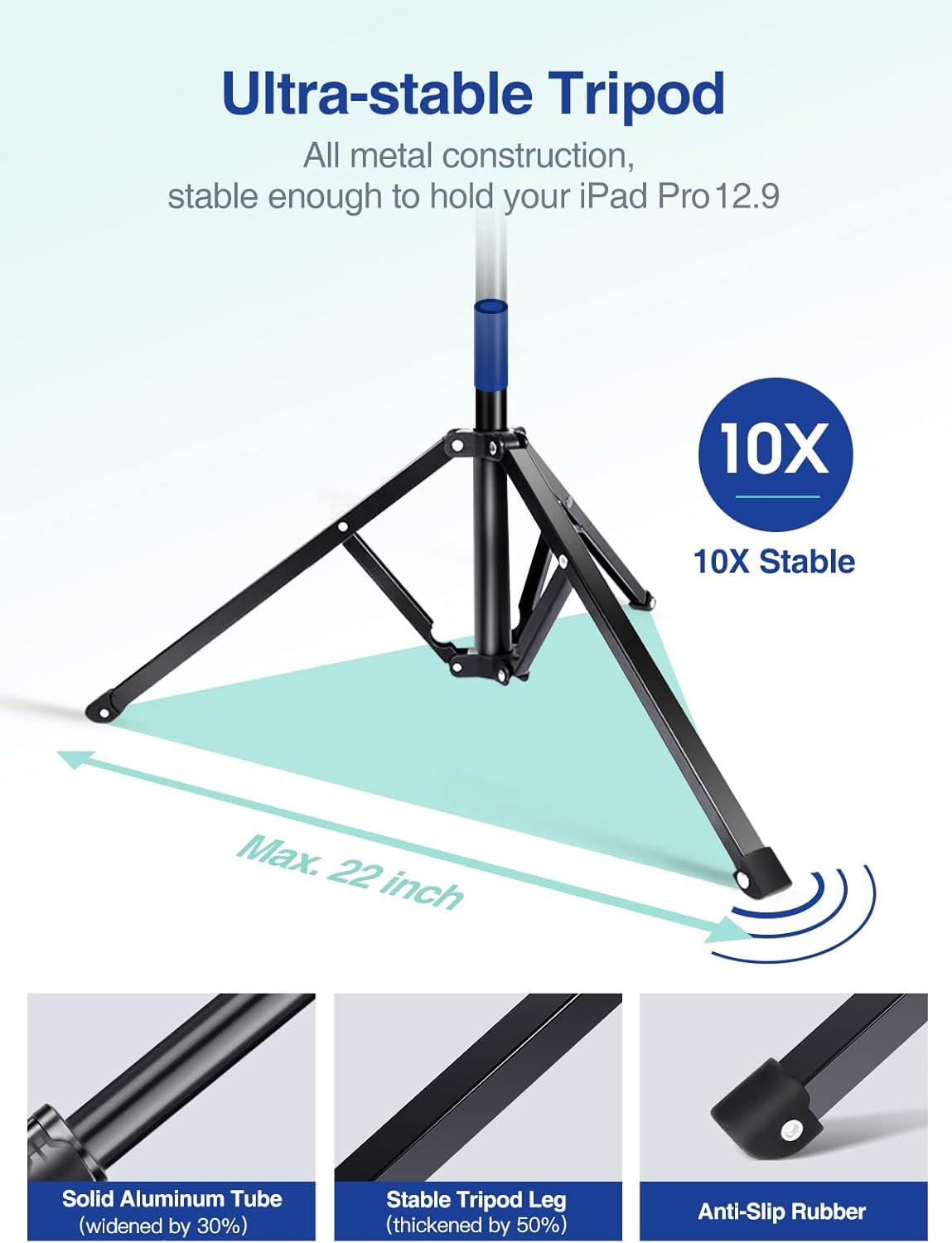 elitehood Aluminum iPad Stand Tripod, 65'' Adjustable Tablet Tripod Holder, 360 Degree Rotating iPad Holder Stand for Floor, Compatible with 4.7-13" Tablets and Phones– Black