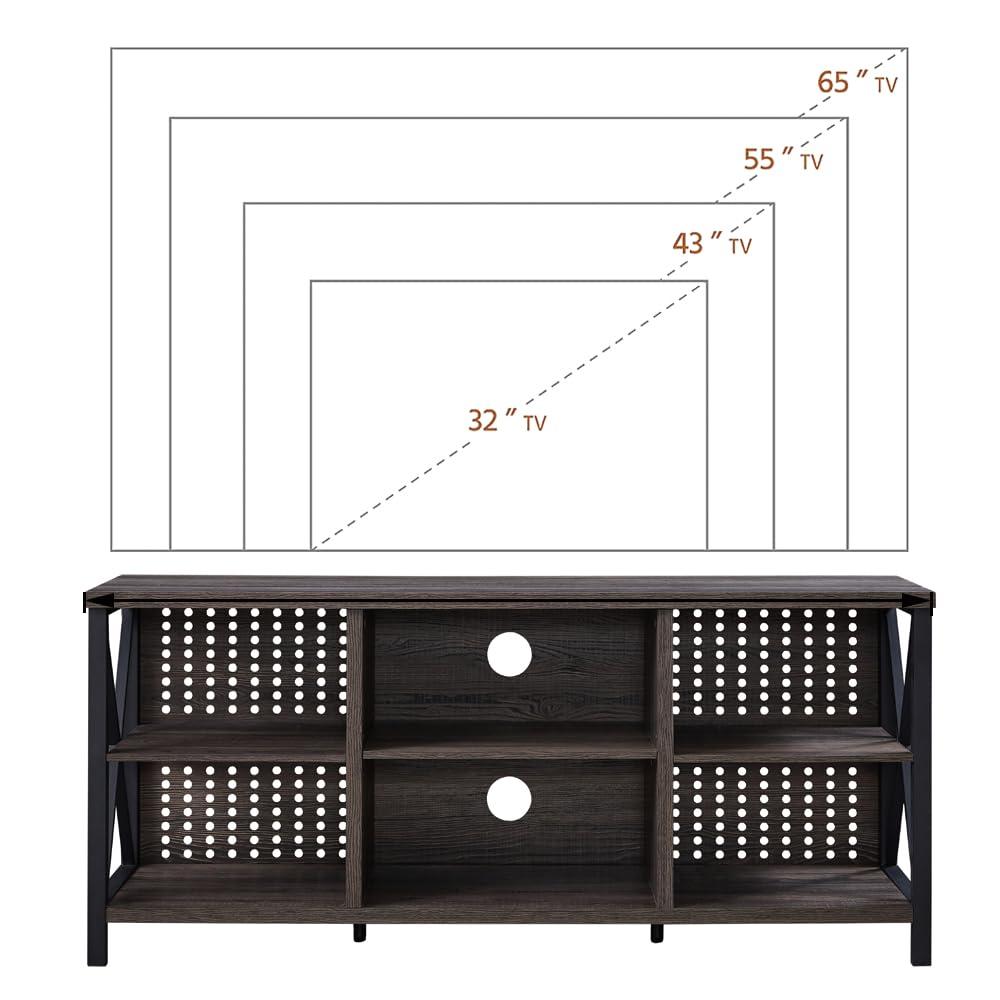 IBF TV Stand for 70 Inch TV, Rustic Industrial Entertainment Center, Large Television Stands for Living Bedroom, Long Wood Metal TV Table Stand with Media Console Cabinet Storage, Dark Gray Oak, 59 In
