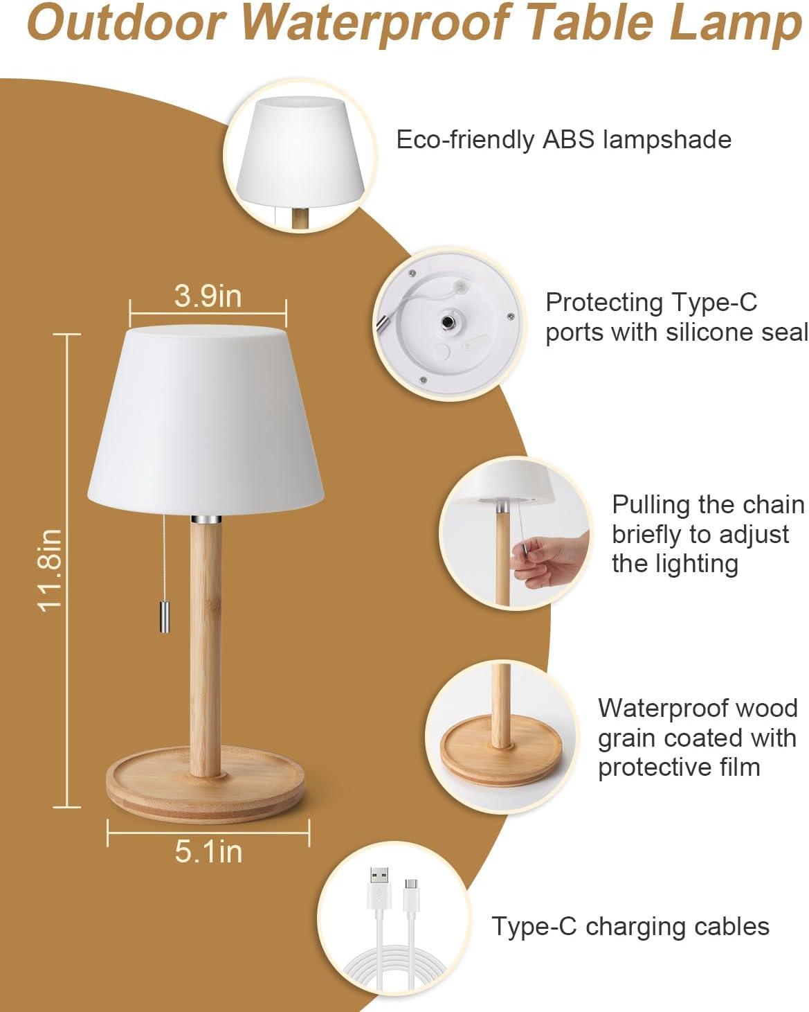 Outdoor Waterproof Table Lamp for Patio, Small Cordless Battery-Operated Lamp, Rechargeable Shower Light, 3 Lighting Modes Desk Light with Pull Chain Garden Outside Camping Restaurant, Wood Grain