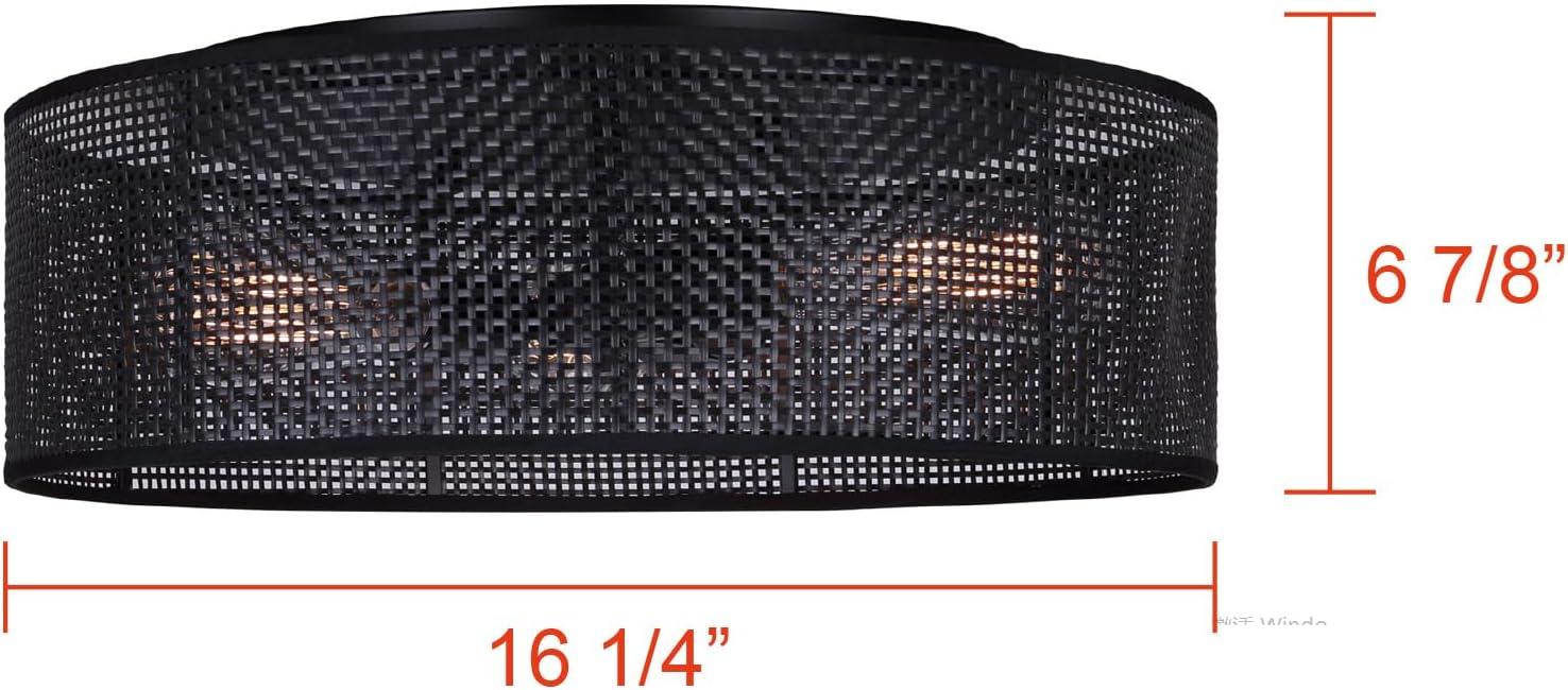 Matte Black Drum Flush Mount with Faux Rattan Shade