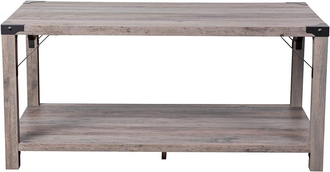 Flash Furniture Wyatt Modern Farmhouse Wooden 2 Tier Coffee Table with Black Metal Corner Accents and Cross Bracing, Gray Wash