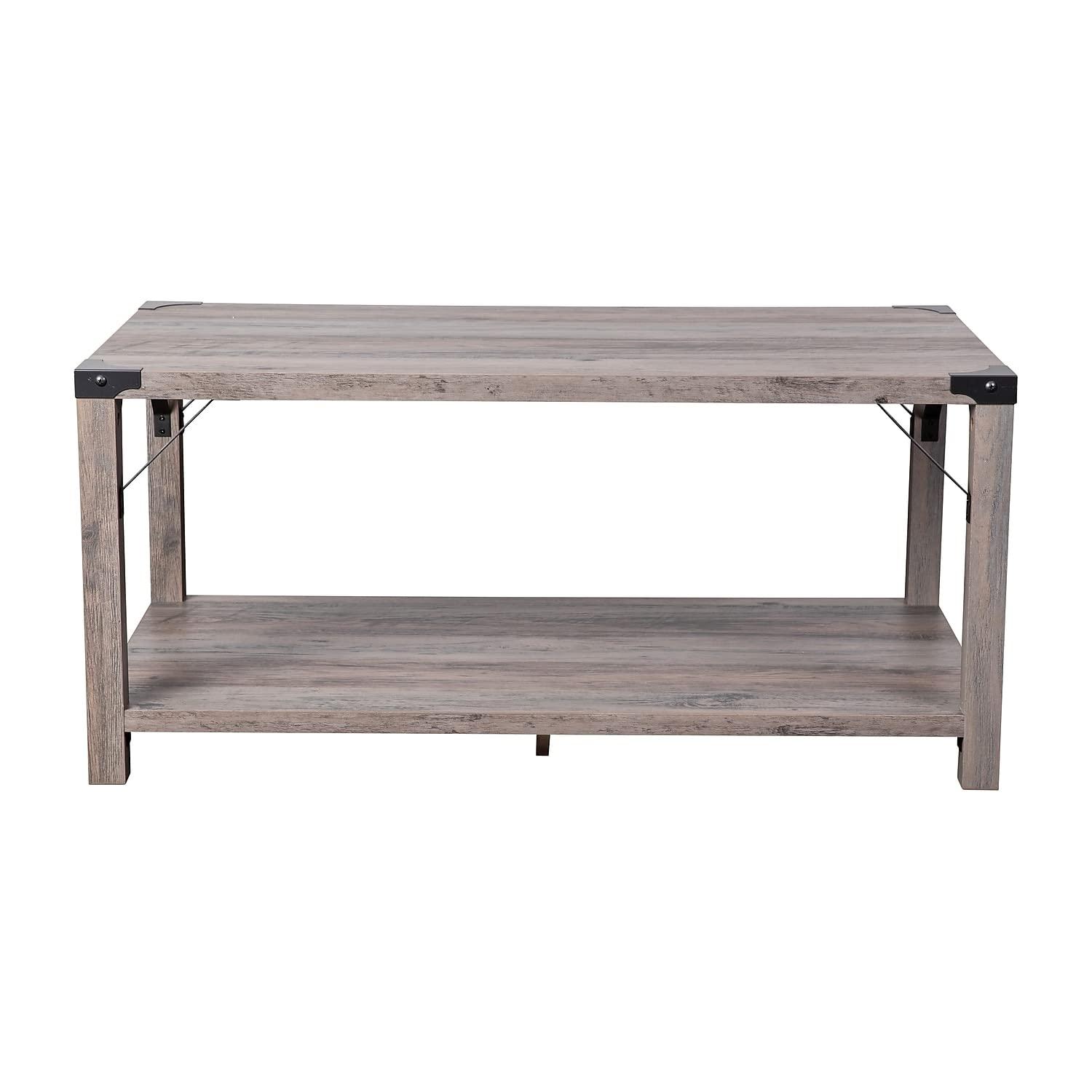 Flash Furniture Wyatt Modern Farmhouse Wooden 2 Tier Coffee Table with Black Metal Corner Accents and Cross Bracing, Gray Wash