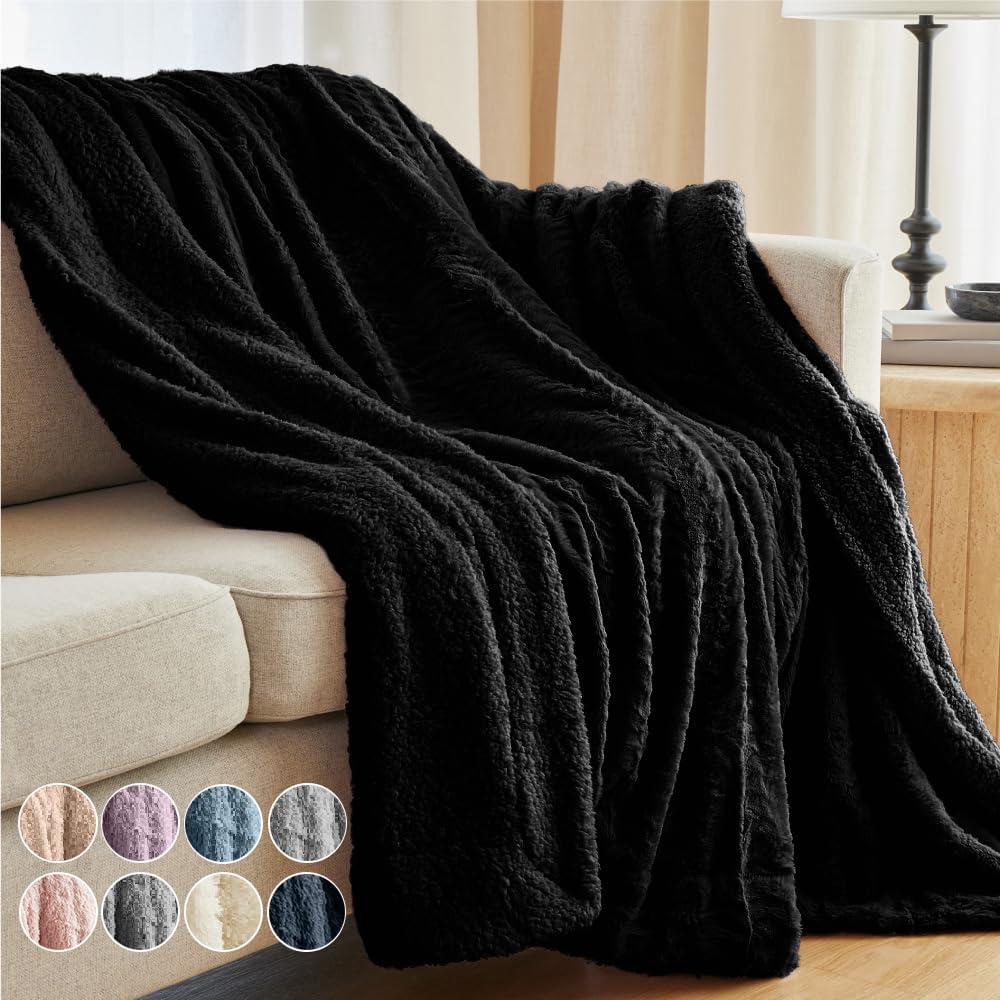 Black Faux Fur and Sherpa Reversible Throw Blanket, 65x50