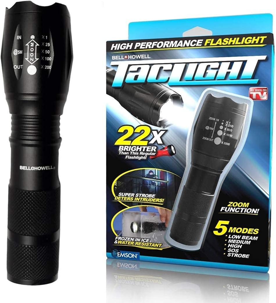 Bell+Howell TacLight Bright led Flashlight Tactical Flashlights Zoom Function 5 Modes 100,000 Hour Bulb Water Resistant Durable Mini Flashlight 5.4” x 1.6” Battery Powered 3X AAA