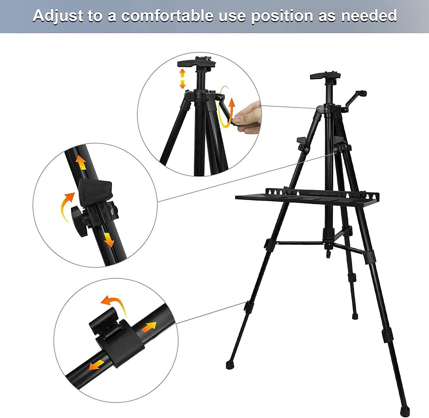 61"-20"Artist Easel Stand, Thick Aviation Aluminum Tripod Display Easel with Portable Bag for Floor/Table-Top Drawing and Displaying, Painting Easel for kids Adult, Spirit Level, Black