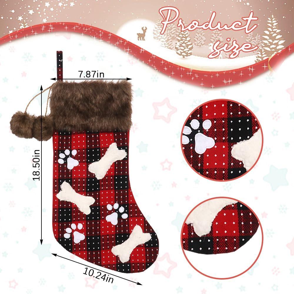 Christmas Stockings Set, 18'' Black Red Buffalo Plaid Christmas Stockings Hanging Ornaments Soft Faux Fur Pet Paw Christmas Stockings Plush Fireplace Hanging Stockings for Christmas Holiday Xmas Gift