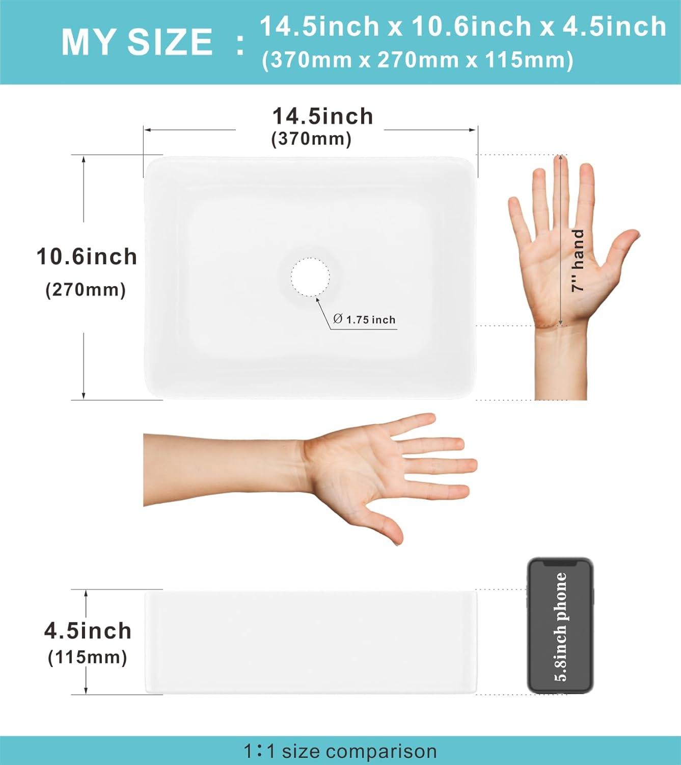 J-FAMILY 14.5'' x 10.6'' Bathroom Small Vessel Sink Above Counter White Porcelain Ceramic Sink Bowl Vanity Sink Lavatory Rectangular Wash Hand Basin
