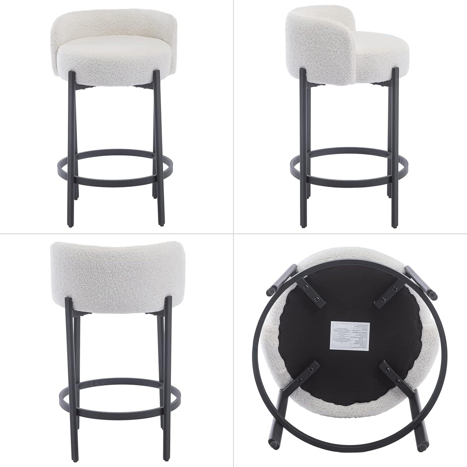 Modern Bar stools Set of 2, 26 Inch Sherpa Fabric Counter Height Barstools with Low Back, Upholstered Round Shape Kitchen Island Stools with Black Metal Legs for Dining Room Bar, White