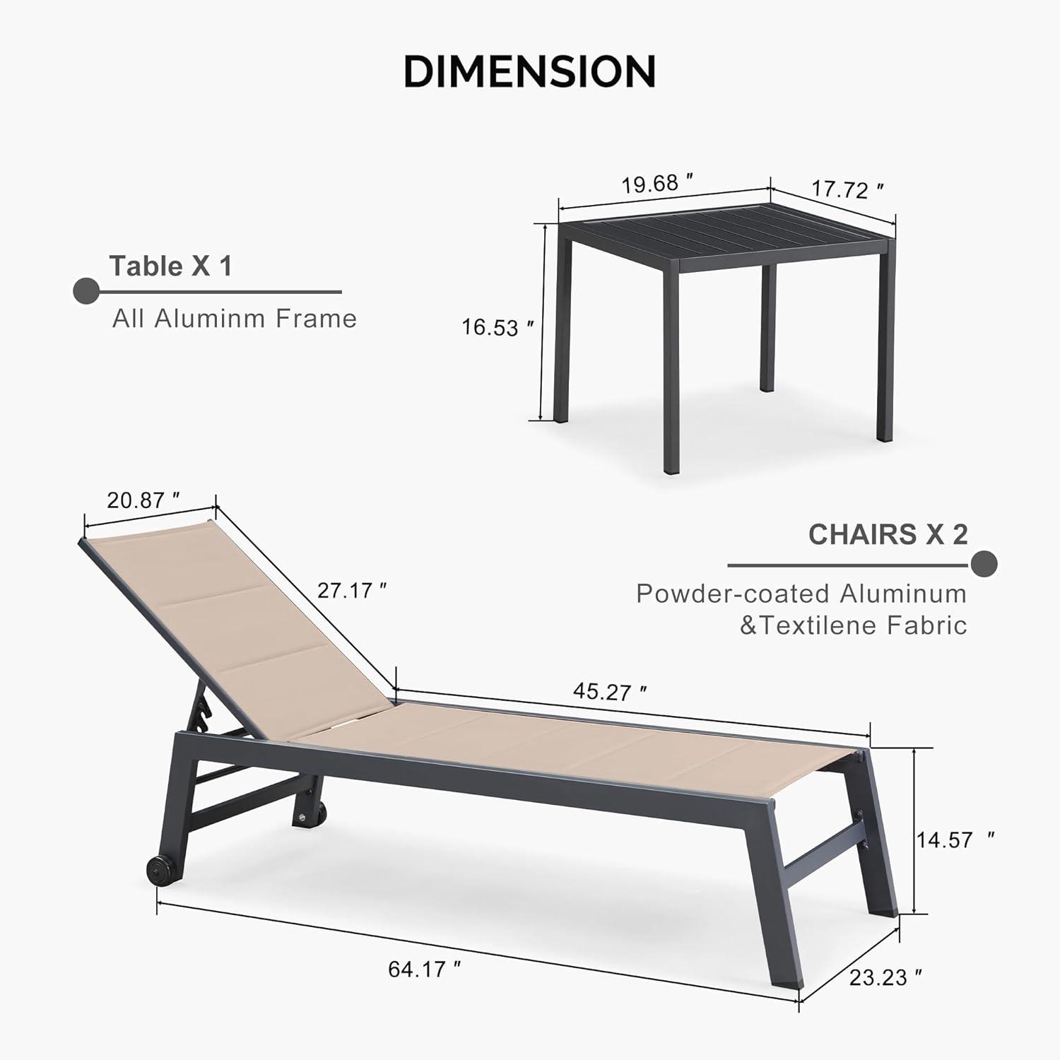 PURPLE LEAF Outdoor Chaise Lounge with Wheels for Outside 2 Pieces Aluminum Patio Lounge Chair with 5 Adjustable Position Recliner for Patio, Beach, Yard, Pool, Side Table Included, Beige