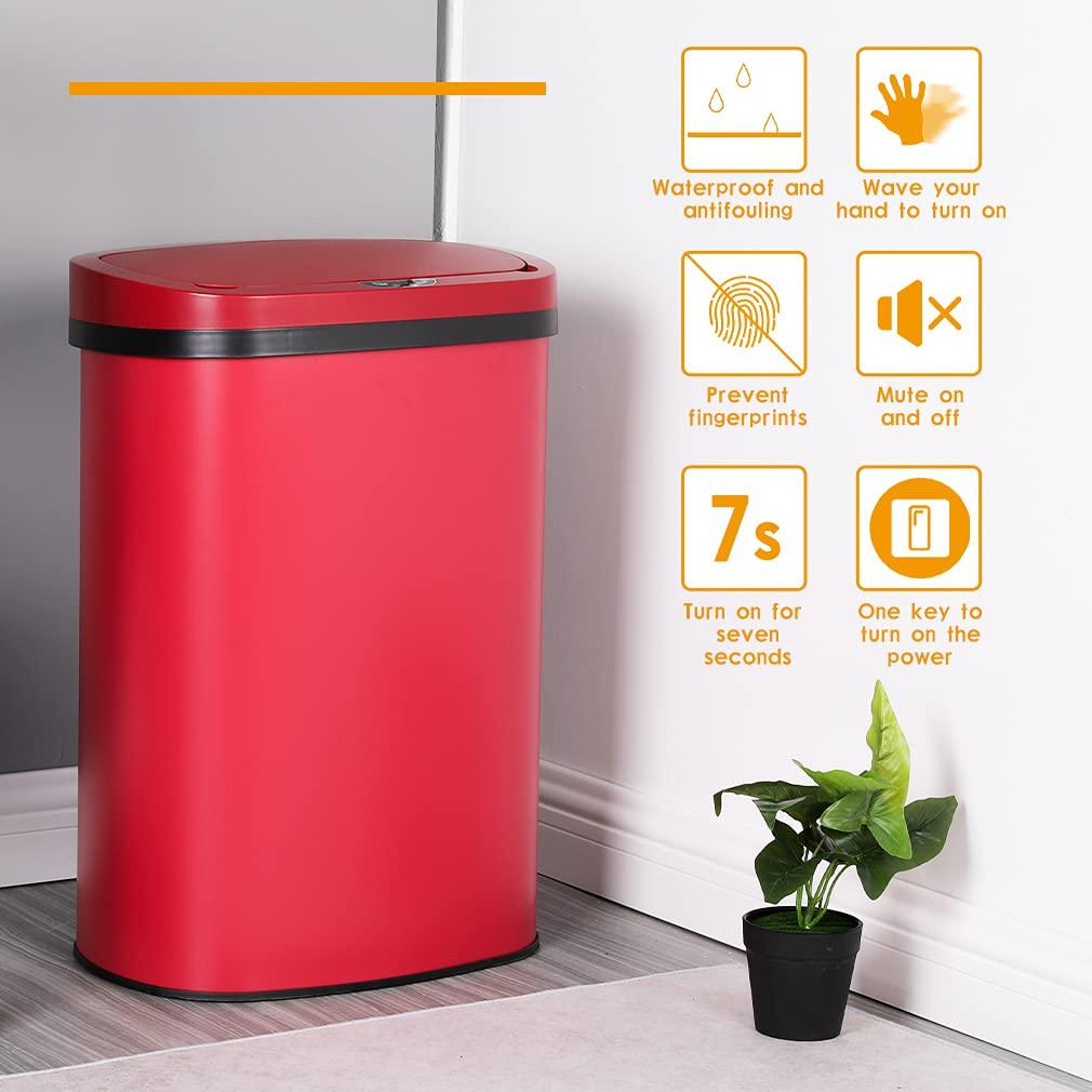 13 Gallon 50L Touch Automatic Stainless Steel Trash Can Garbage Can Metal Trash Bin with Lid for Kitchen Living Room Office Bathroom, Electronic Sensor Automatic Trash Can - Red