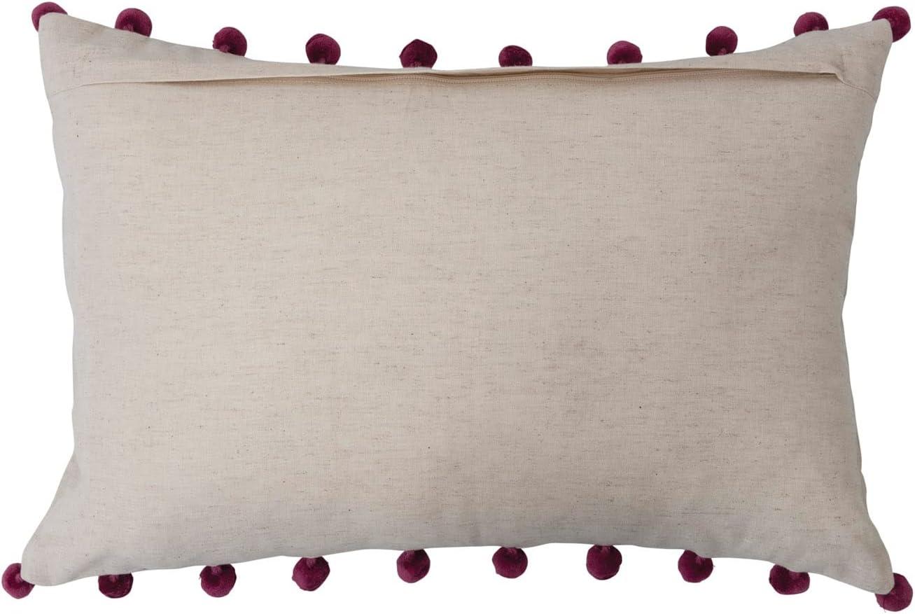 Bloomingville Cotton Linen Lumbar Pillow with Embroidery and Pom Poms