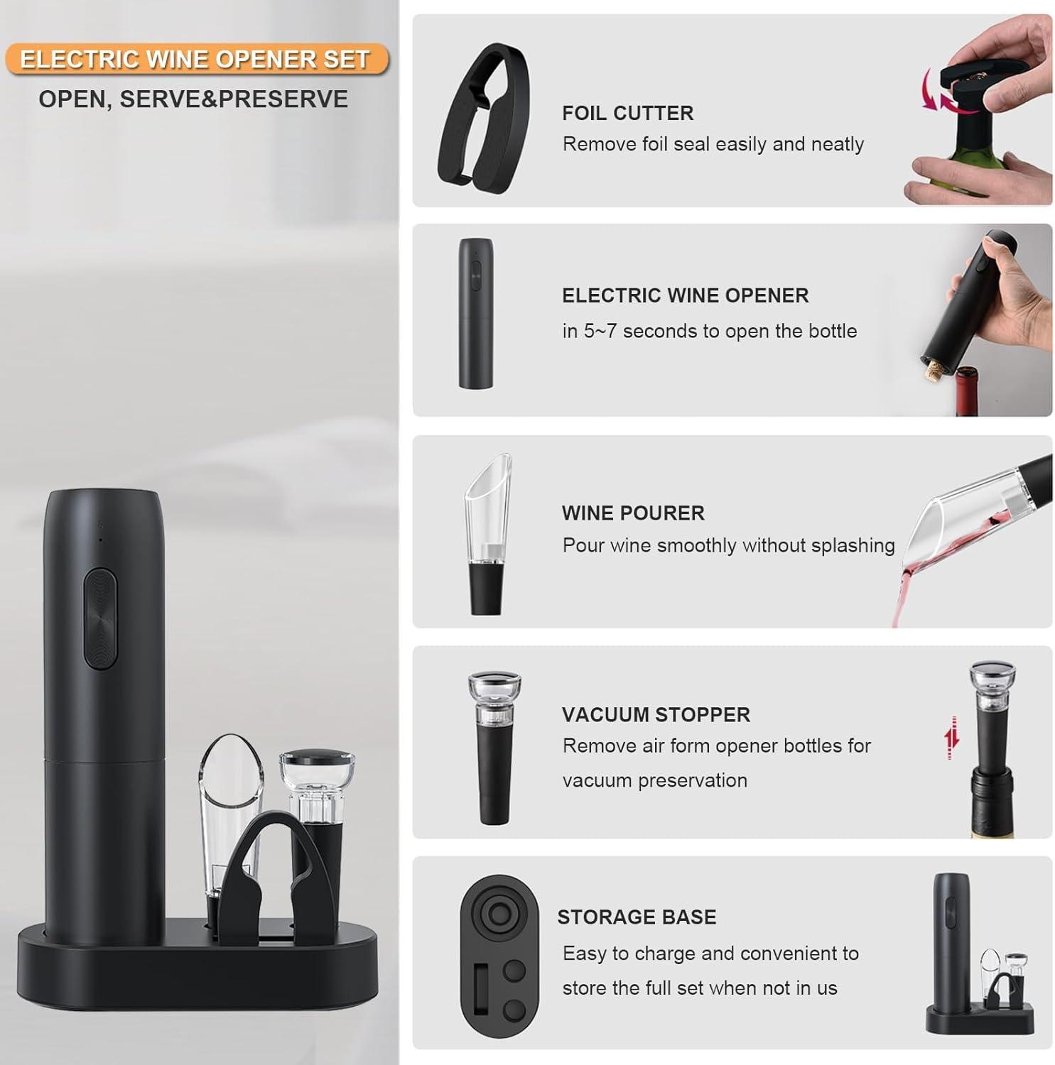 Rechargeable Electric Wine Opener, 5 in 1 set with Automatic Electric Wine Bottle Corkscrew Opener, Foil Cutter, Vacuum Stopper, Wine Pourer and Storage Charging Stand