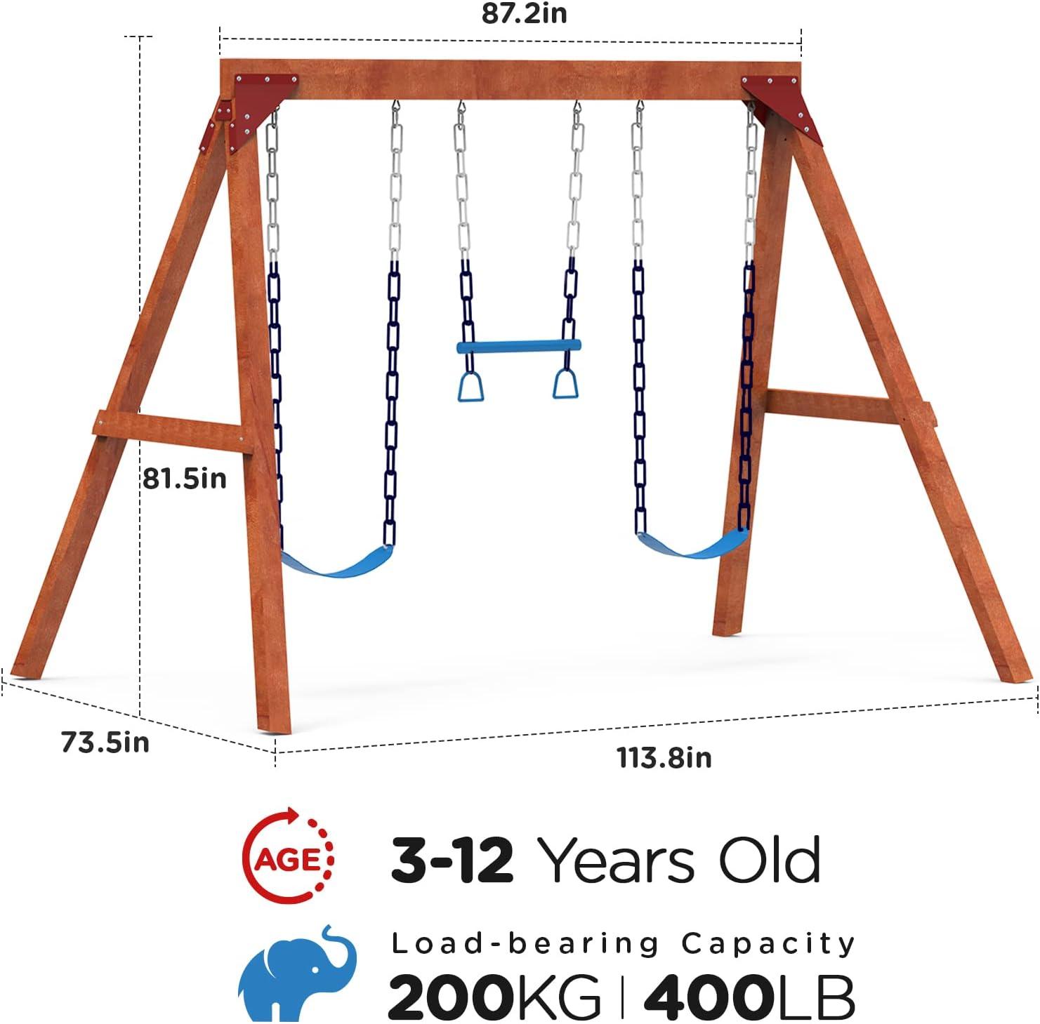 Dolphin Playground Wooden Swing Sets for Backyard, Family DIY Kit for Any Swings, Outdoor Playset for Kids with Trapeze Swing Bar and 2 Belt Swings, Heavy Duty Playground Accessories, Ages 3-10