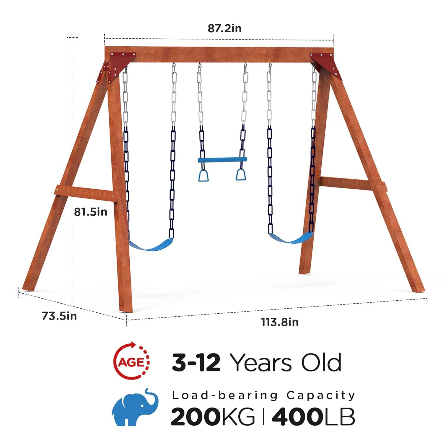 Dolphin Playground Wooden Swing Sets for Backyard, Family DIY Kit for Any Swings, Outdoor Playset for Kids with Trapeze Swing Bar and 2 Belt Swings, Heavy Duty Playground Accessories, Ages 3-10