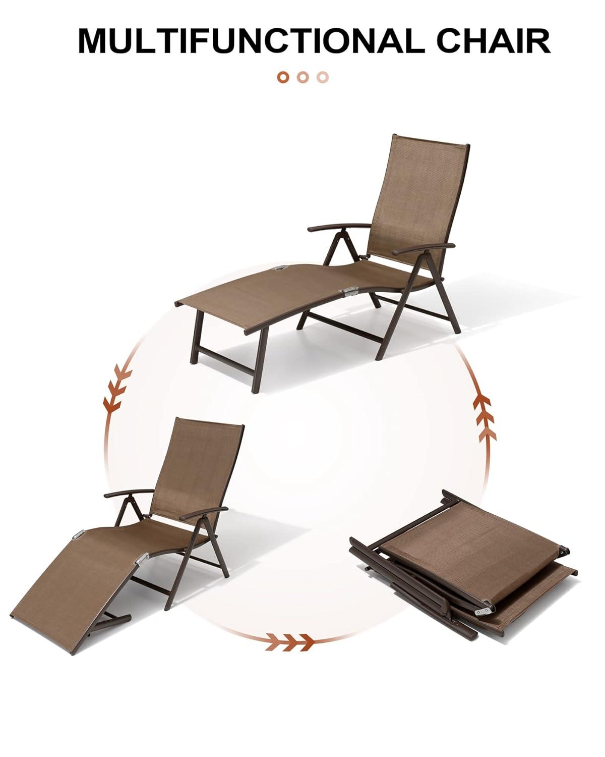 Crestlive Products  Outdoor Aluminum Folding Recliner Adjustable Chaise Lounge (Set of 2) - See Picture Brown Fabric, Brown Farme