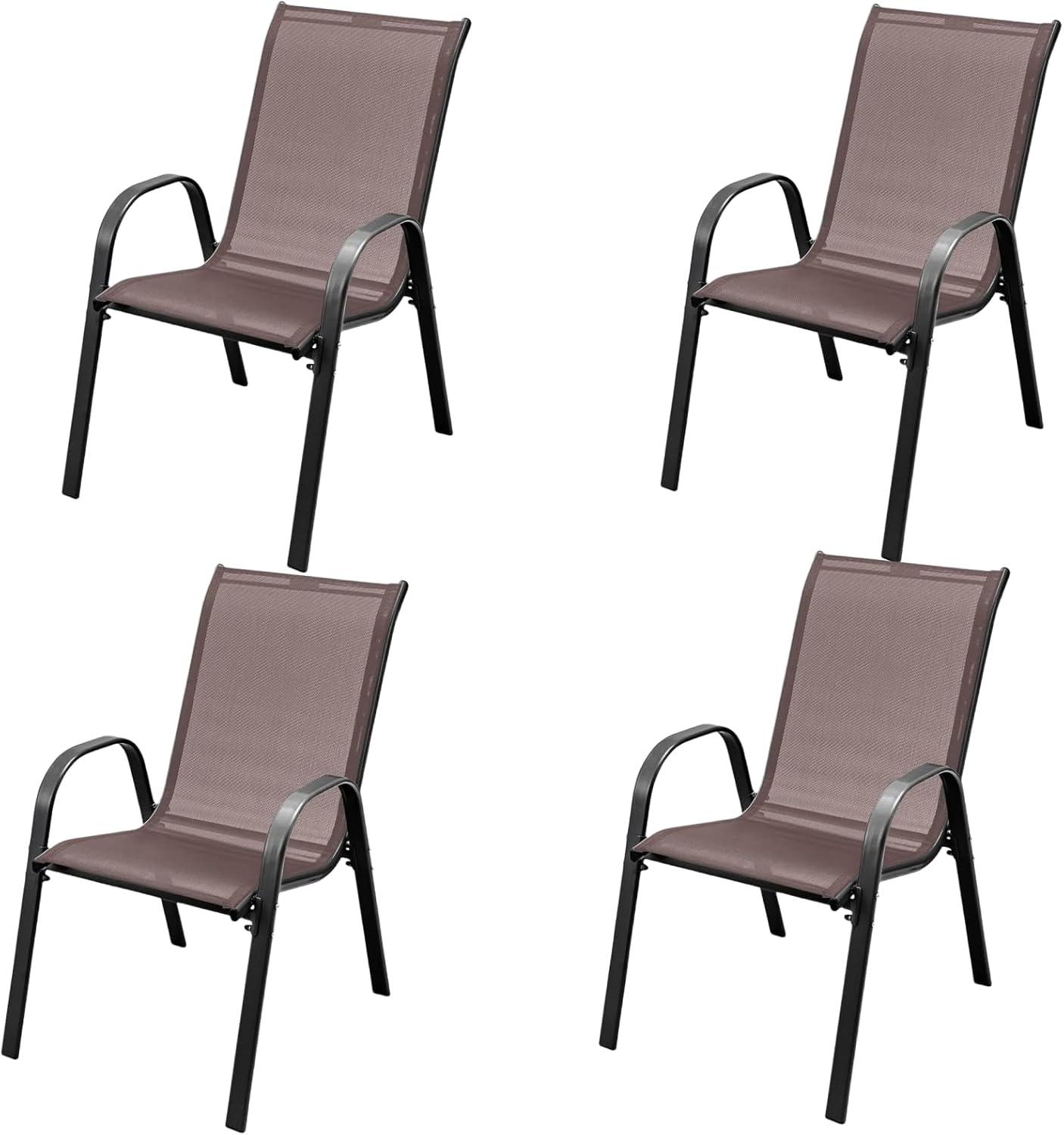 Tangkula 4PCS Patio Stacking Dining Chairs w/ Curved Armrests & Breathable Seat Fabric Brown