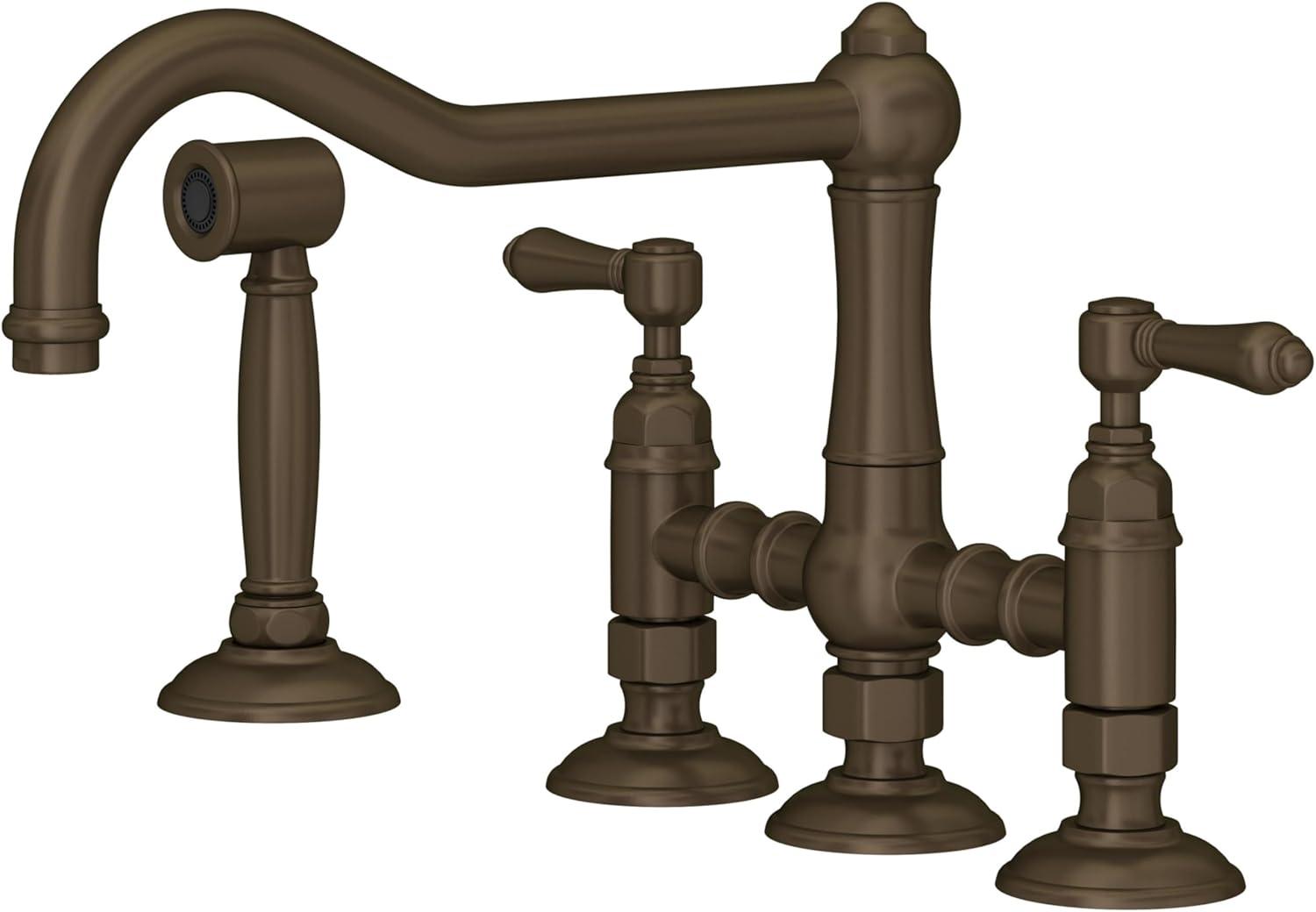 Rohl Italian Kitchen Acqui Three Leg Bridge Faucet With Metal Levers Sidespray And 9" Reach Column Spout In Tuscan Brass