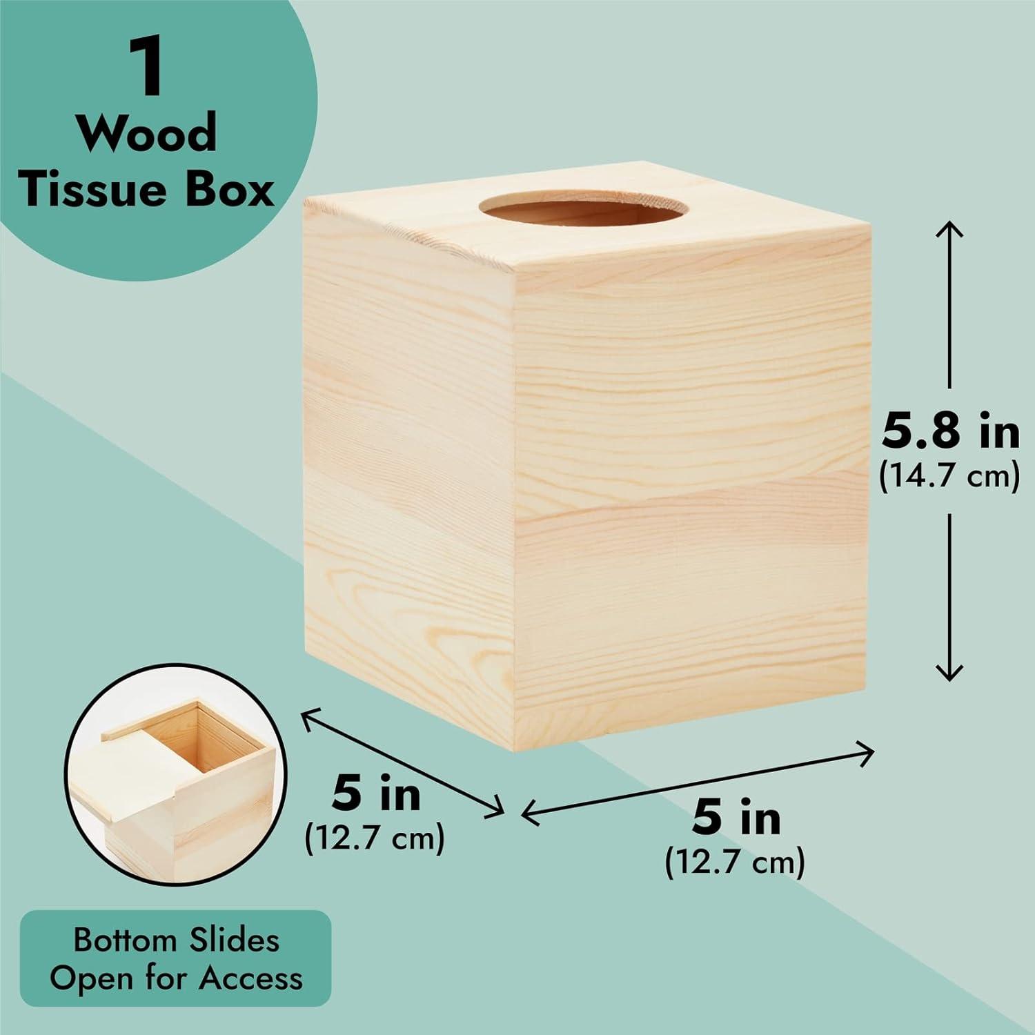 Juvale Unfinished Wood Tissue Box Cover for DIY Crafts, Square Wooden Holder with Slide Out Bottom for Home Decor, 5 x 5.8 In