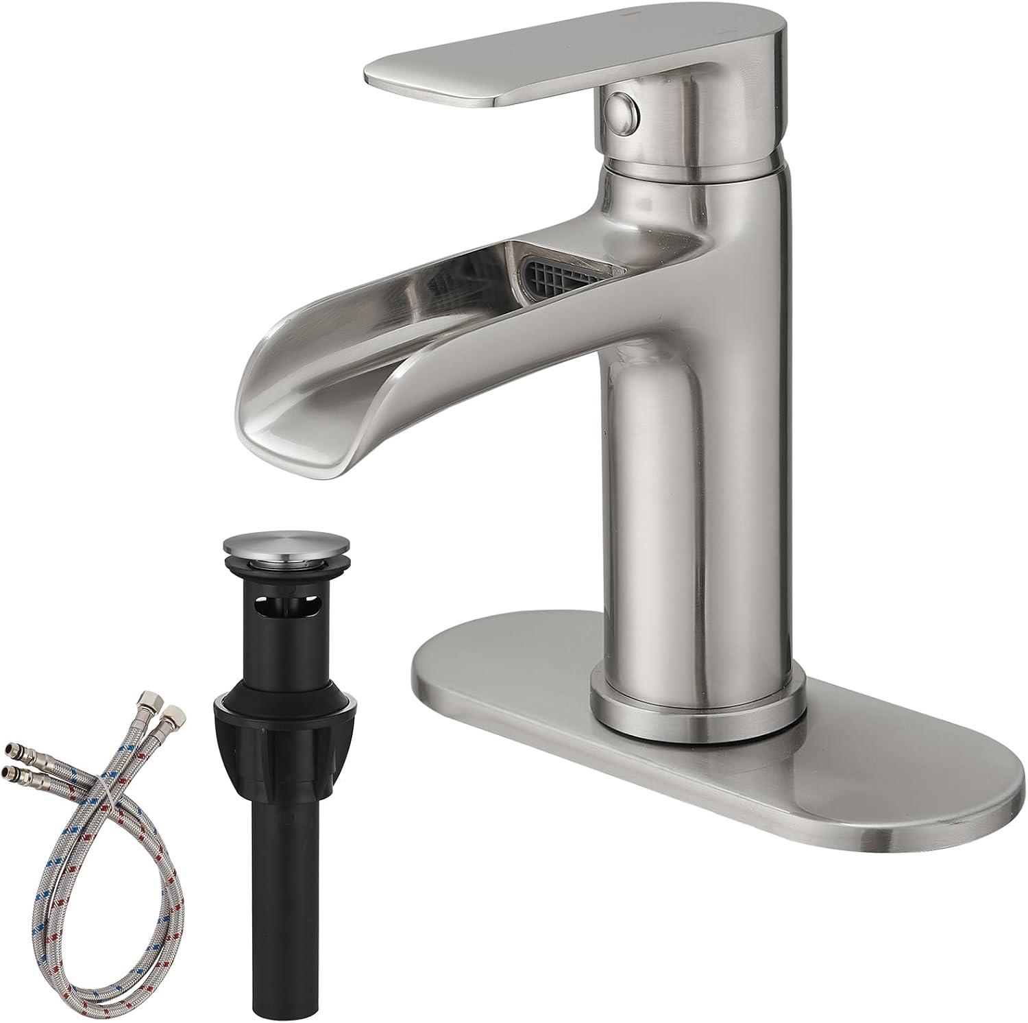 Brushed Nickel Single Handle Waterfall Bathroom Faucet with Pop-Up Drain