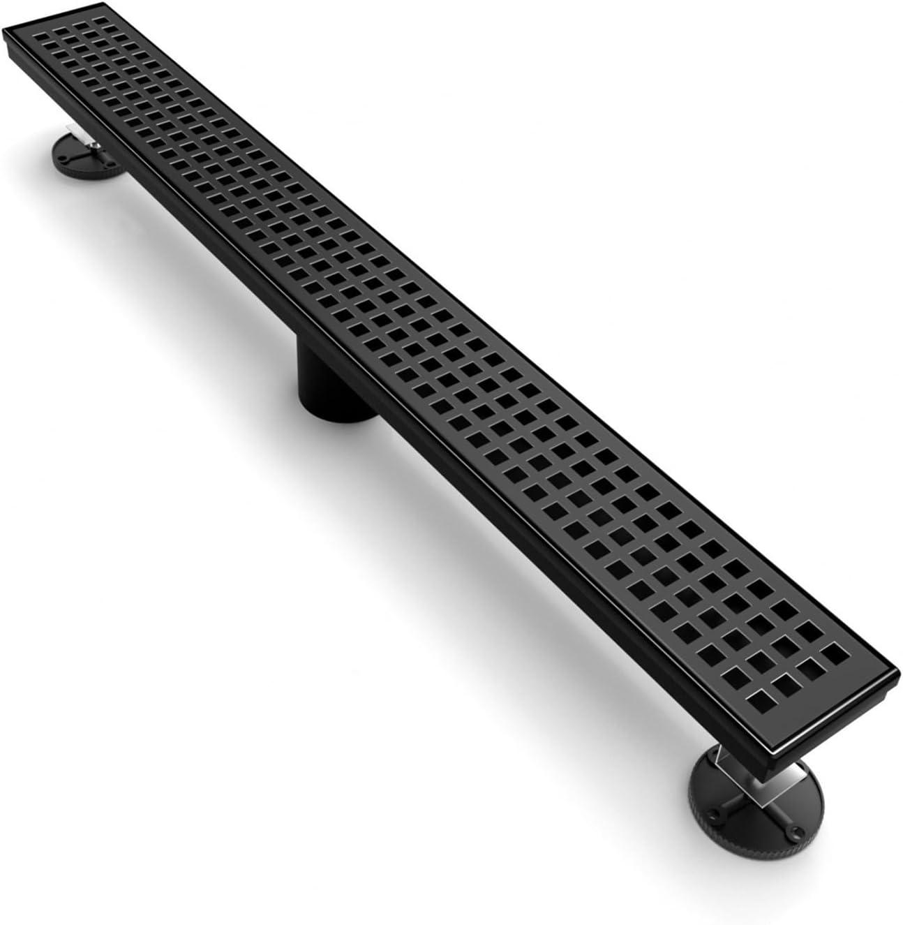 Matte Black Stainless Steel Linear Shower Drain with Square Pattern Cover