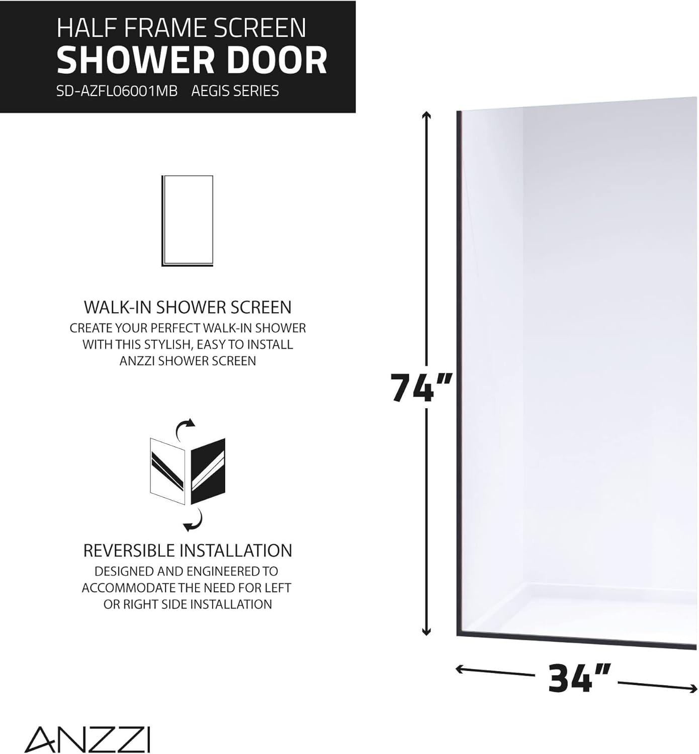 Veil Series 34” W x 74” H Frameless Glass Fixed Shower Screen Shower Door