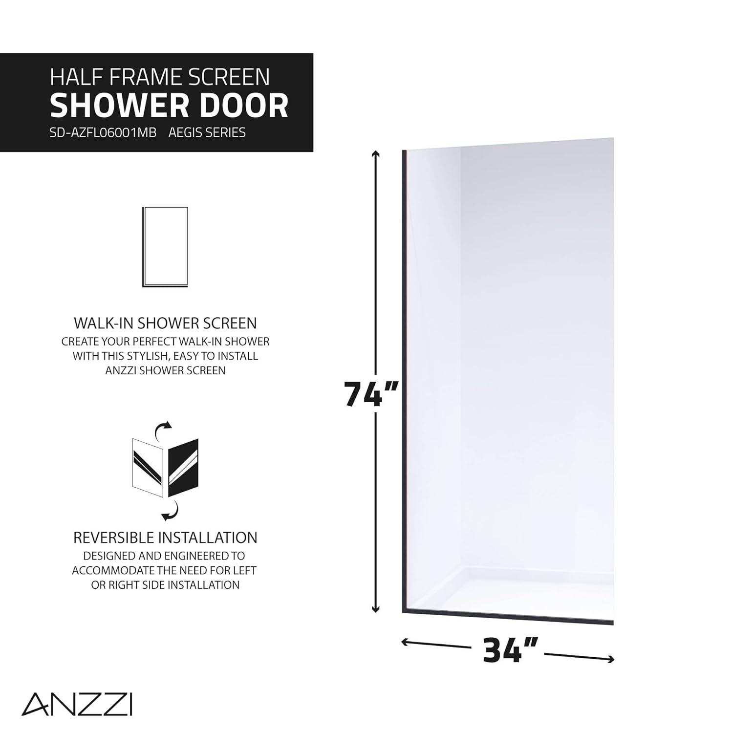 Veil Series 34” W x 74” H Frameless Glass Fixed Shower Screen Shower Door
