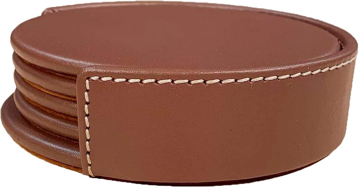 Dacasso A3245 Rustic Leather 4 Round Coaster Set with Holder