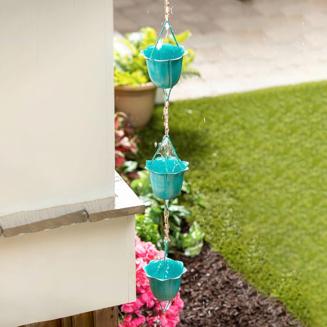 72" Blue Flower Cup Metal Rain Chain